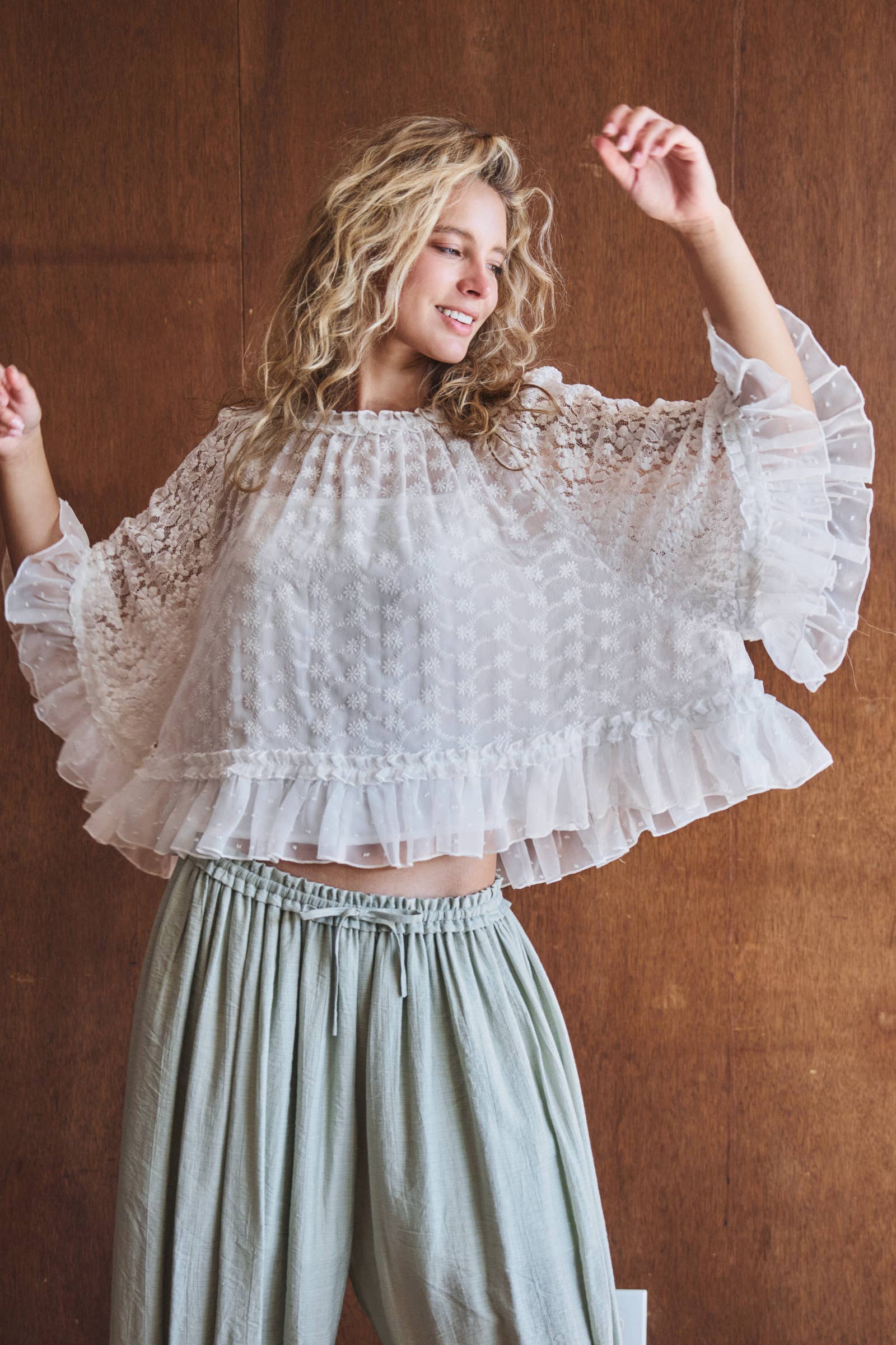 Lace Top Ruffle Flutter Sleeve
