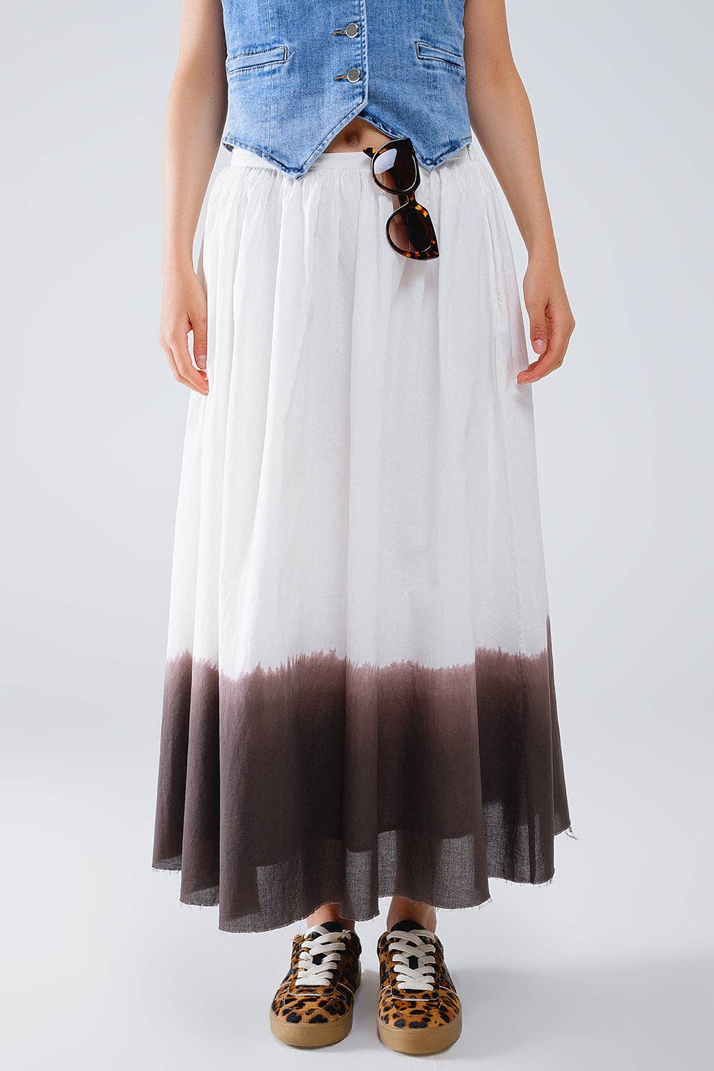 Flowy Drop Waist White Skirt With Brown Ombre