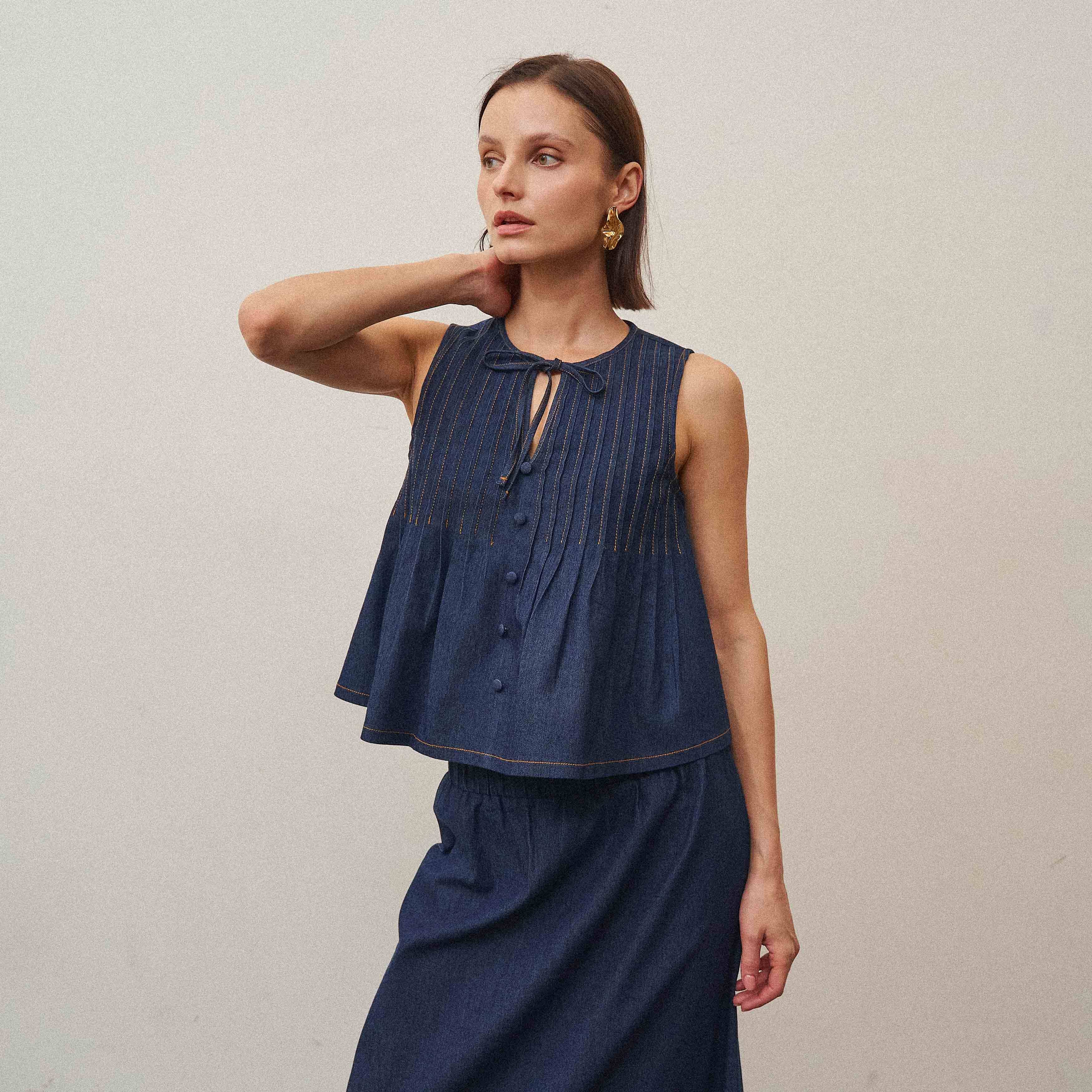 Denim Sleeveless Pleated Top