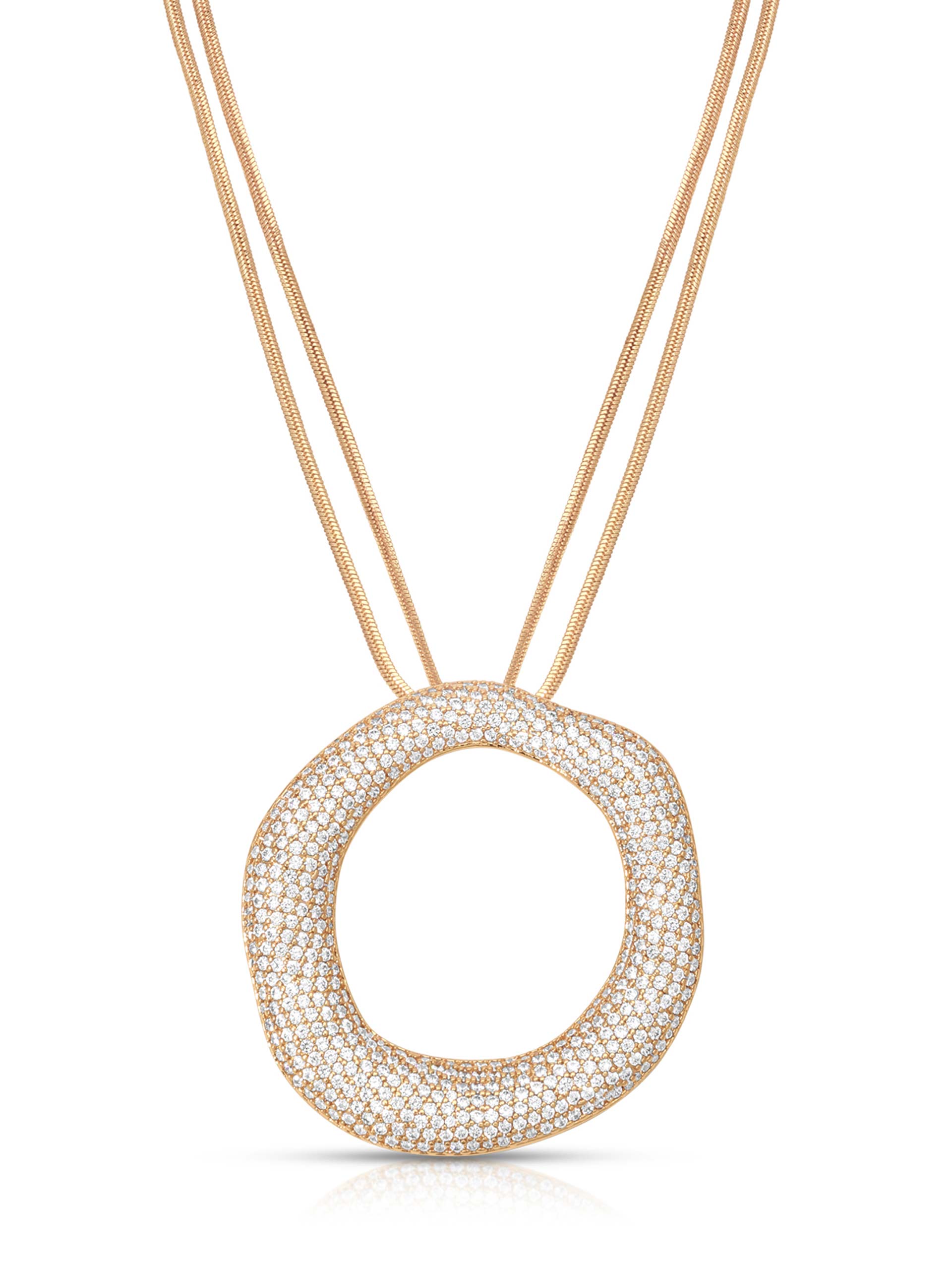 Gold necklace with a circular pendant on a white background