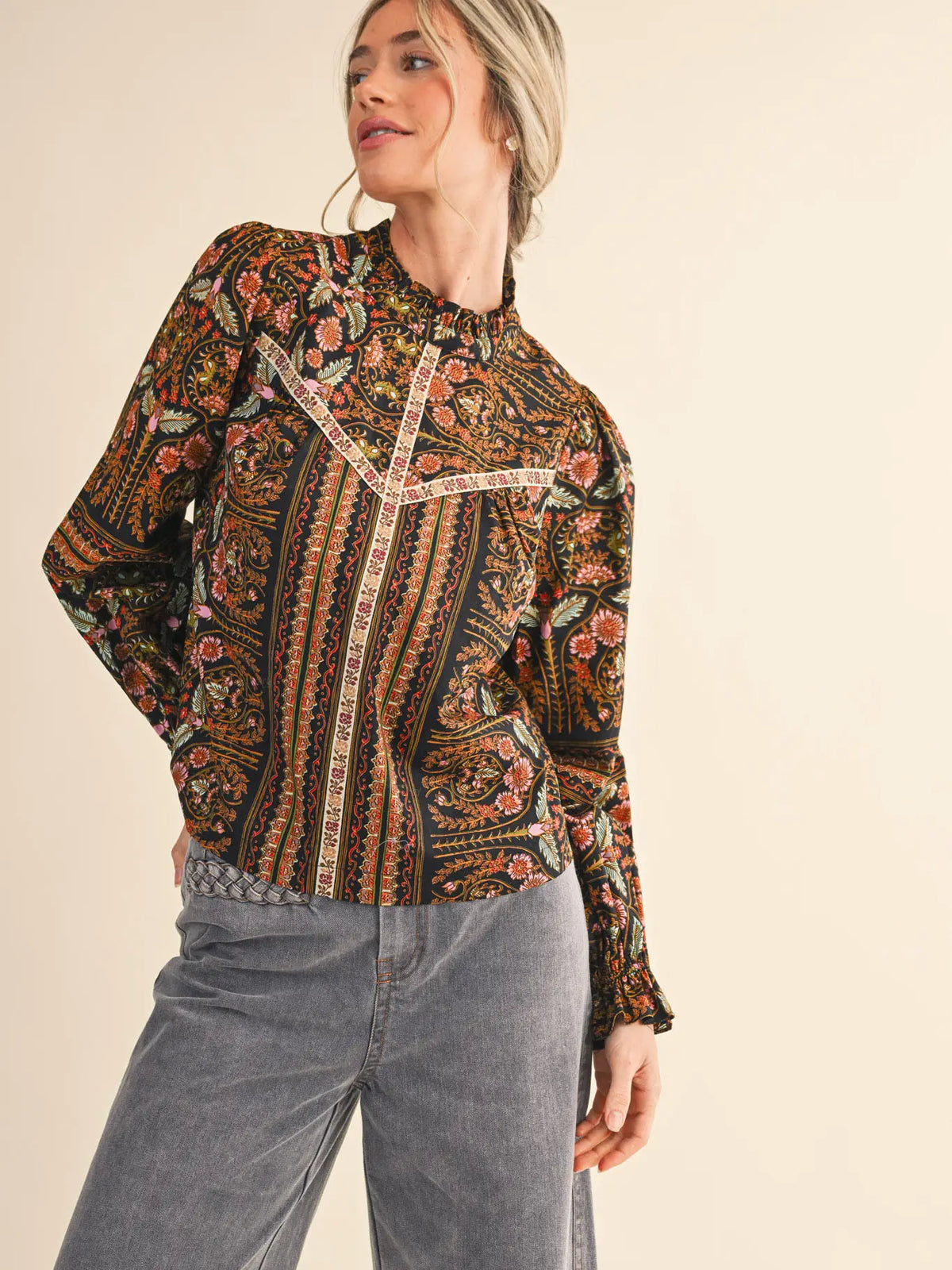 Floral Print Top with Floral Trim