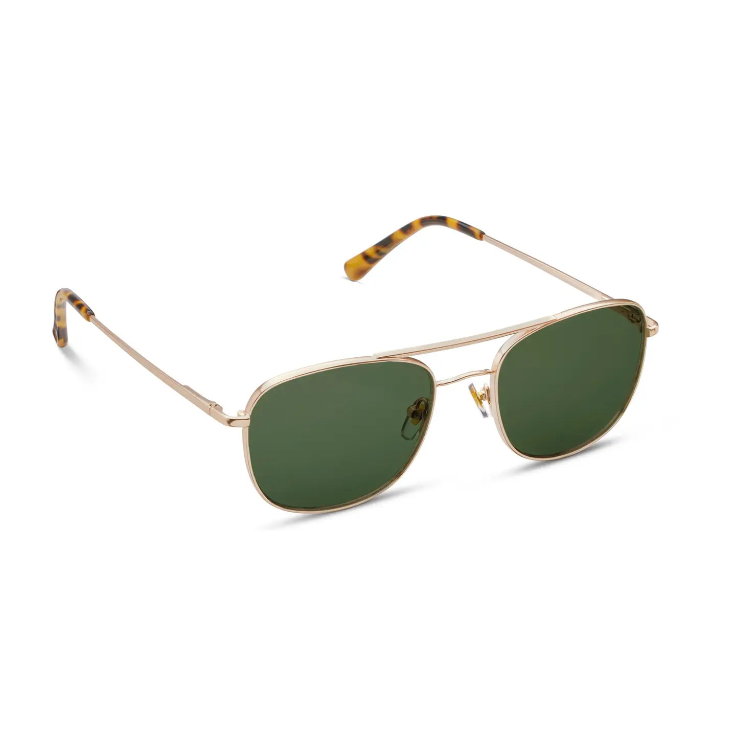 Aviator sunglasses with gold frame and green lenses on a white background