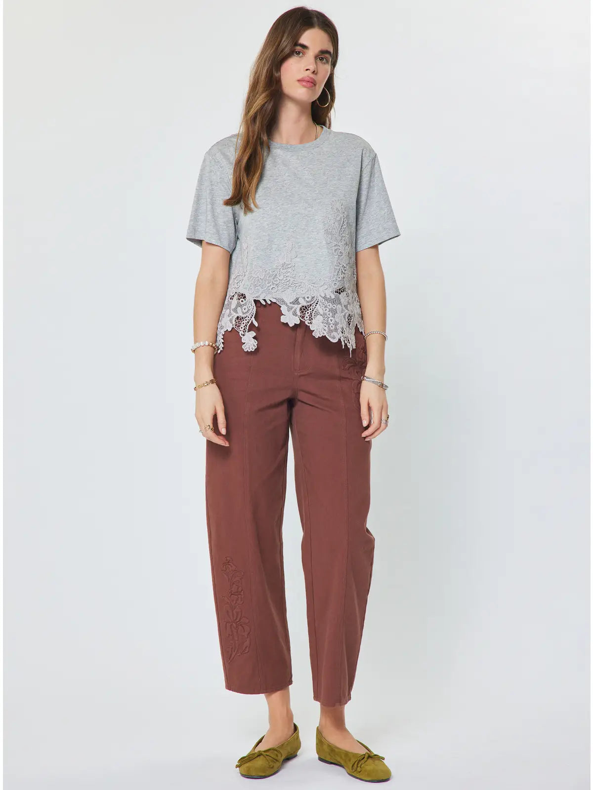 Cotton Blend Lace Hem Cropped Top