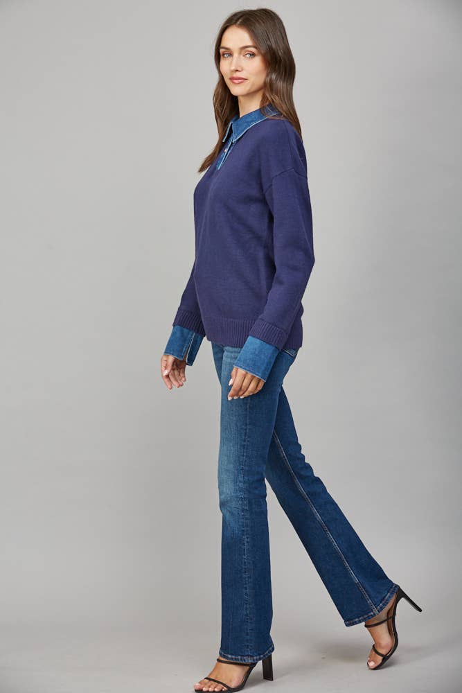 DENIM SHIRT COLLAR DETAIL SWEATER TOP