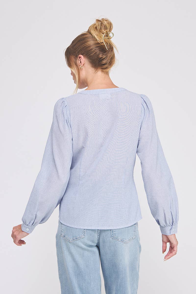 Striped cotton blend side wrap-tie button up blouse