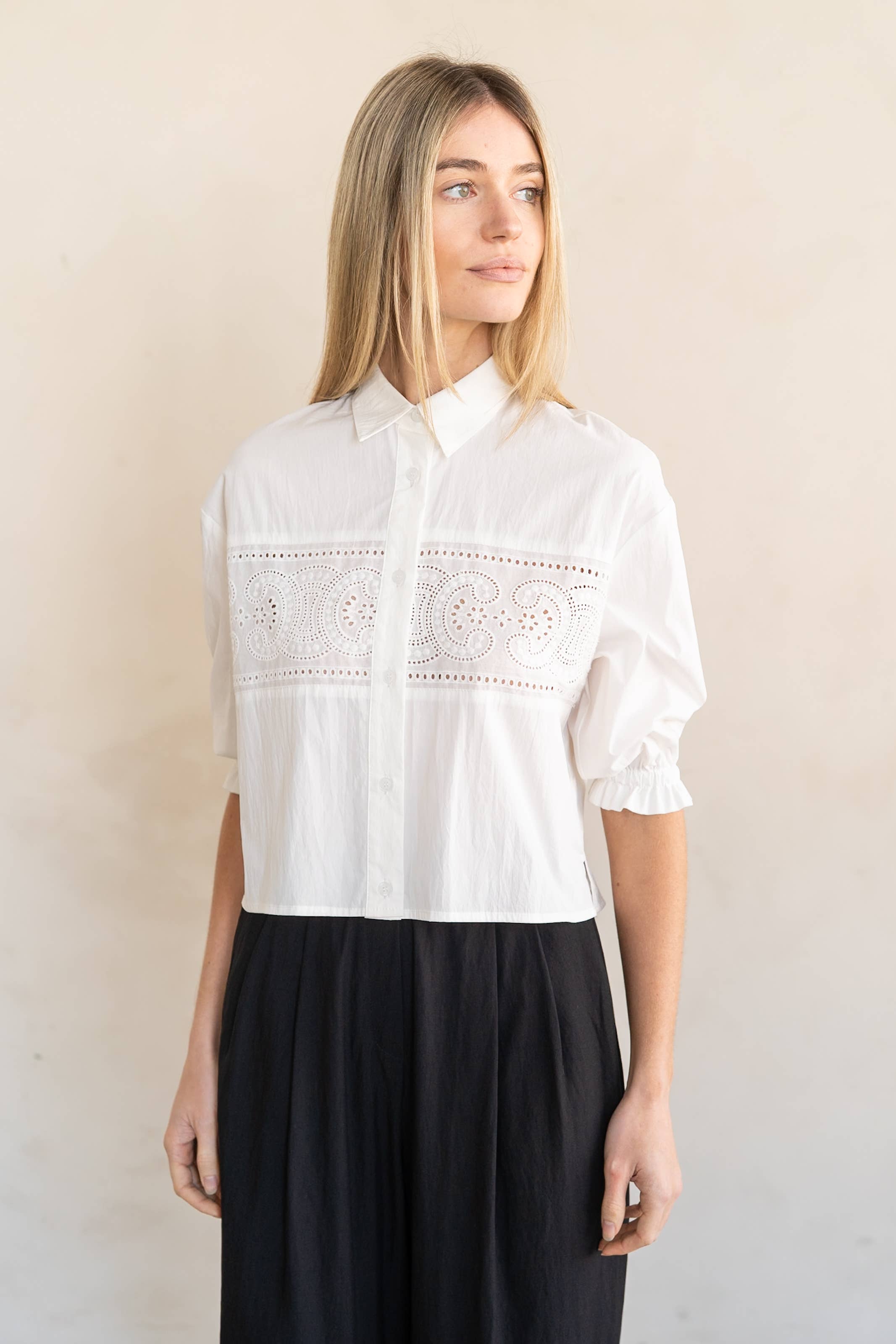 EYELET LACE PANEL BUTTON-UP BLOUSE