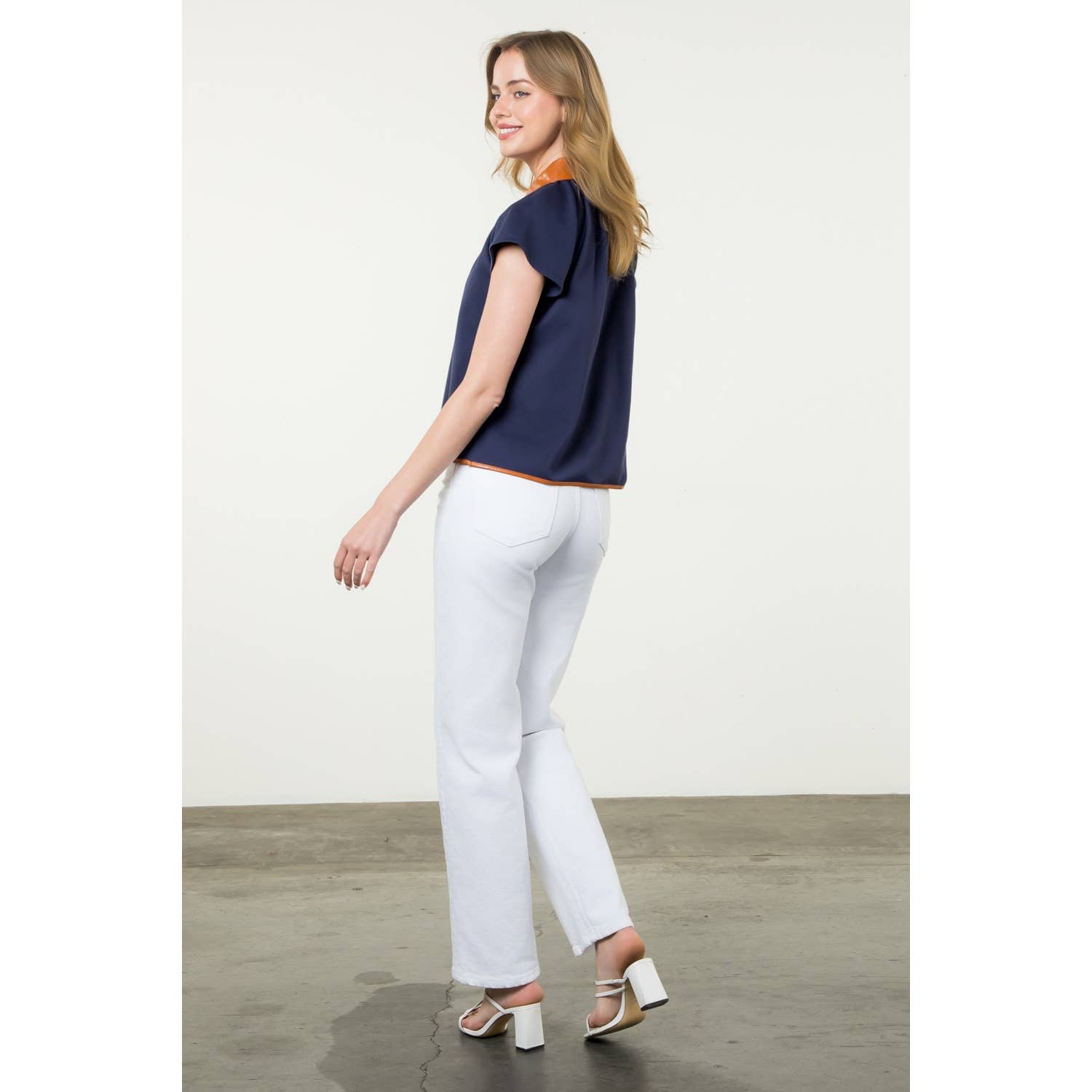 Contrast Collar Faux Leather Top