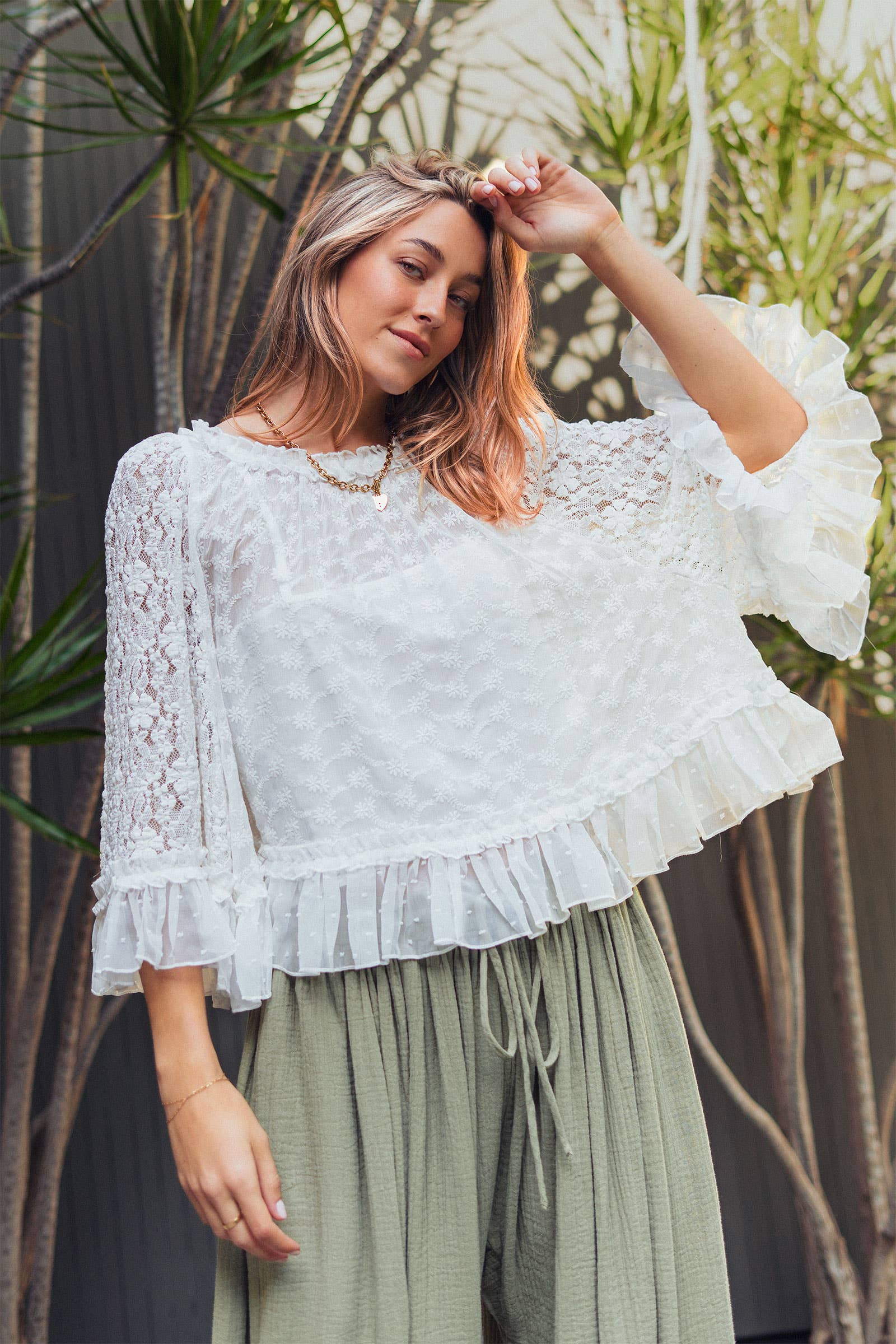 Lace Top Ruffle Flutter Sleeve