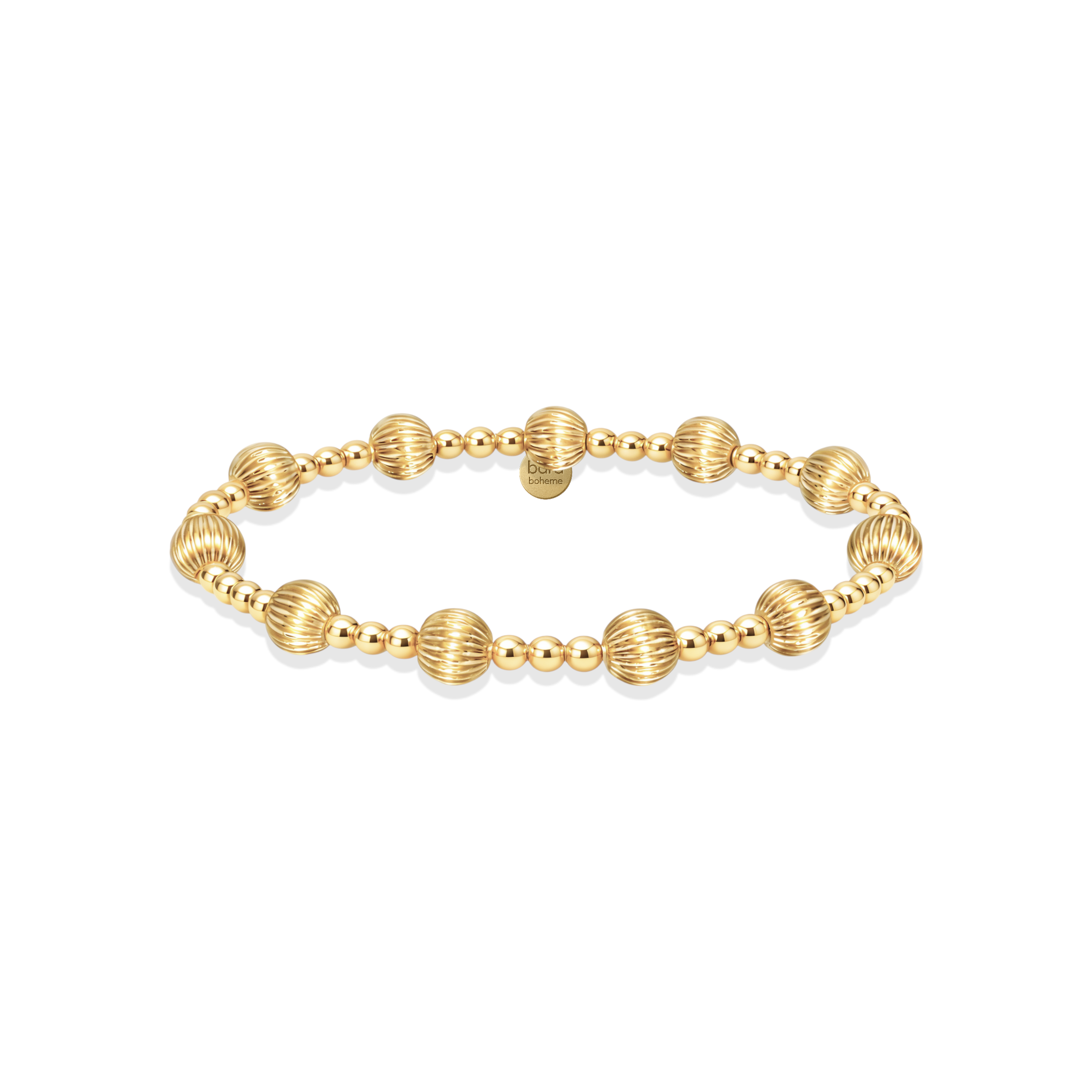 Gold beaded bracelet on a white background