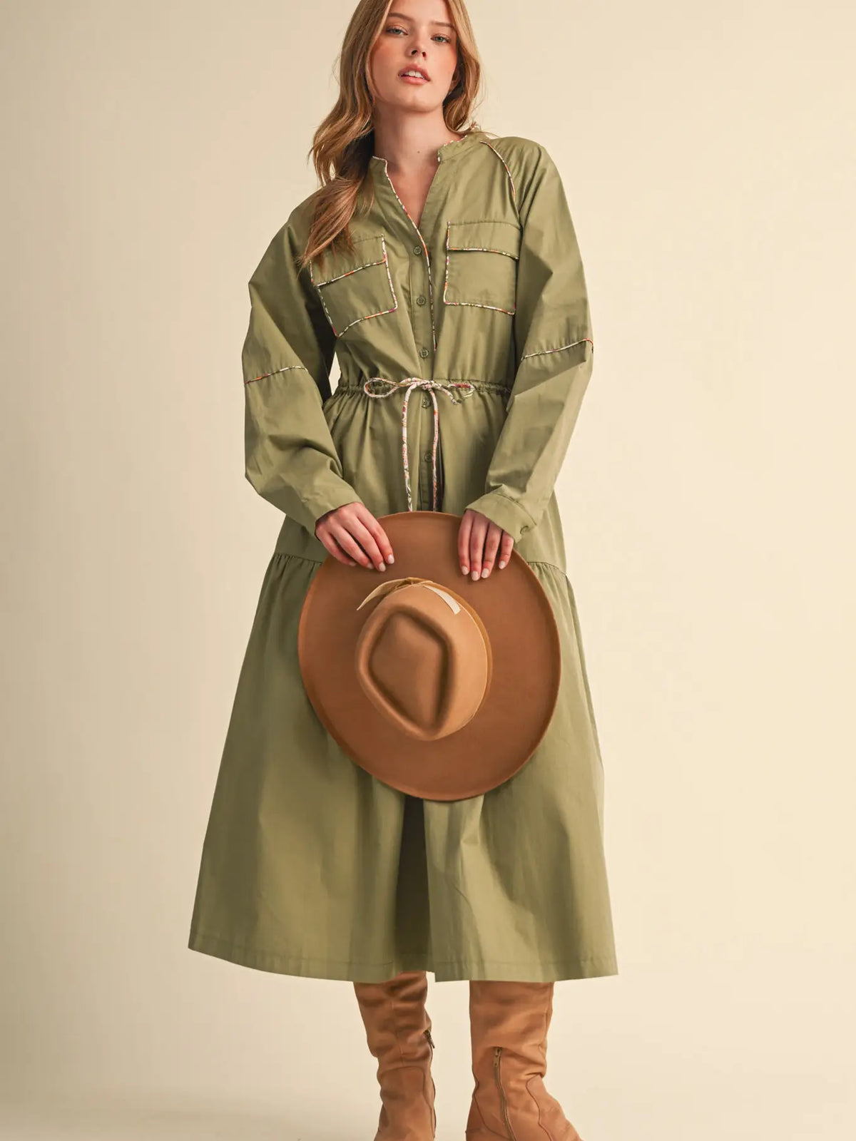 Utility Midi Dress with Contrast Piping Trim