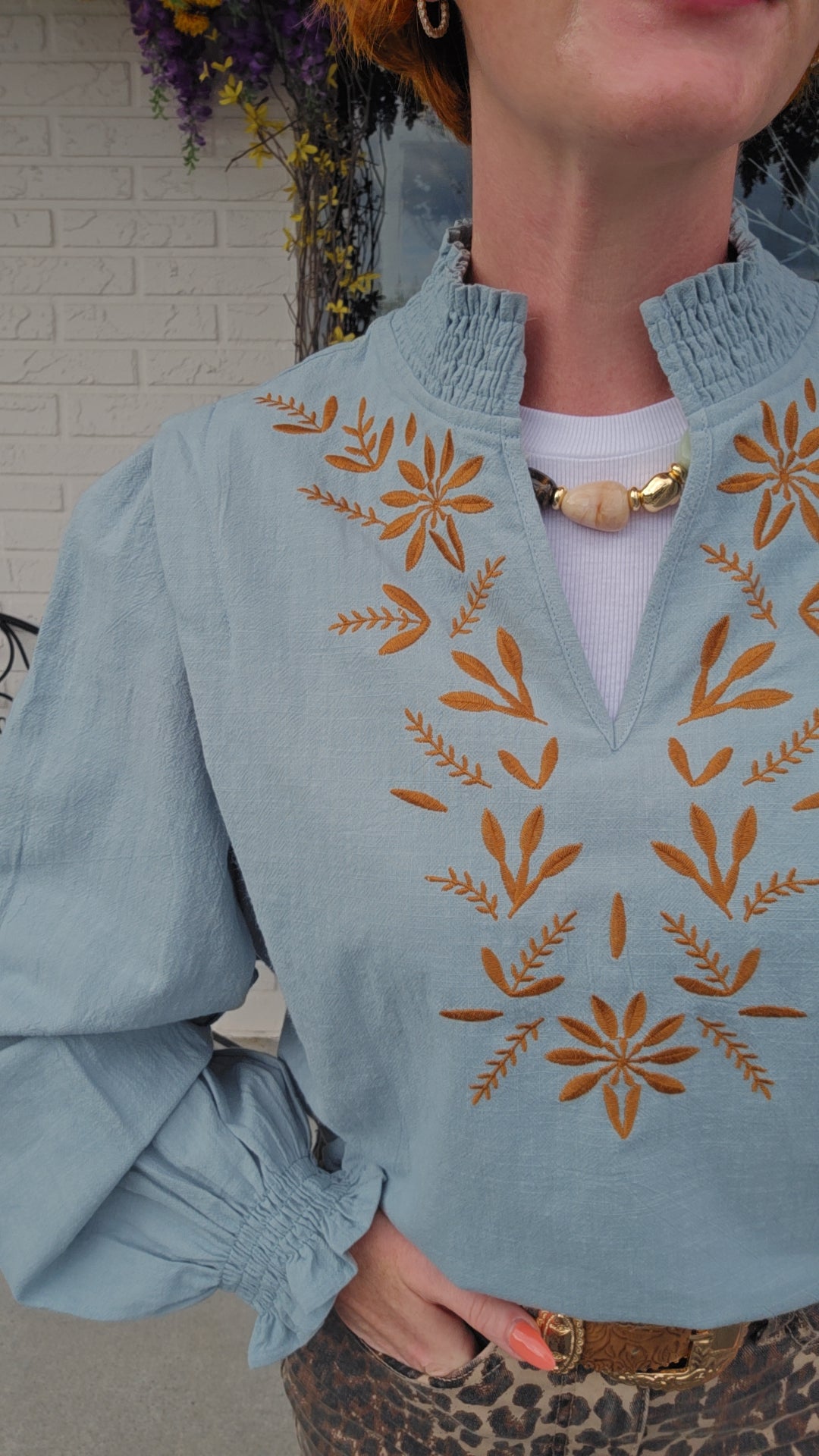 Embroidered Smocked Mock Neck Top