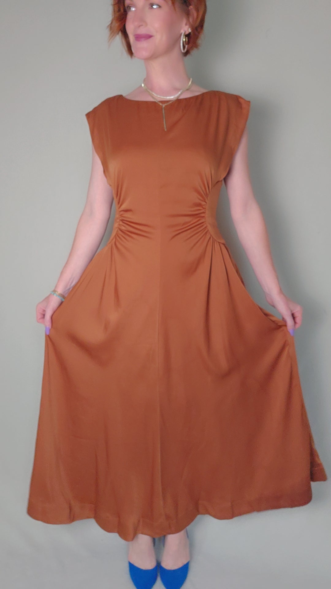 Ruched Satin Midi Dress