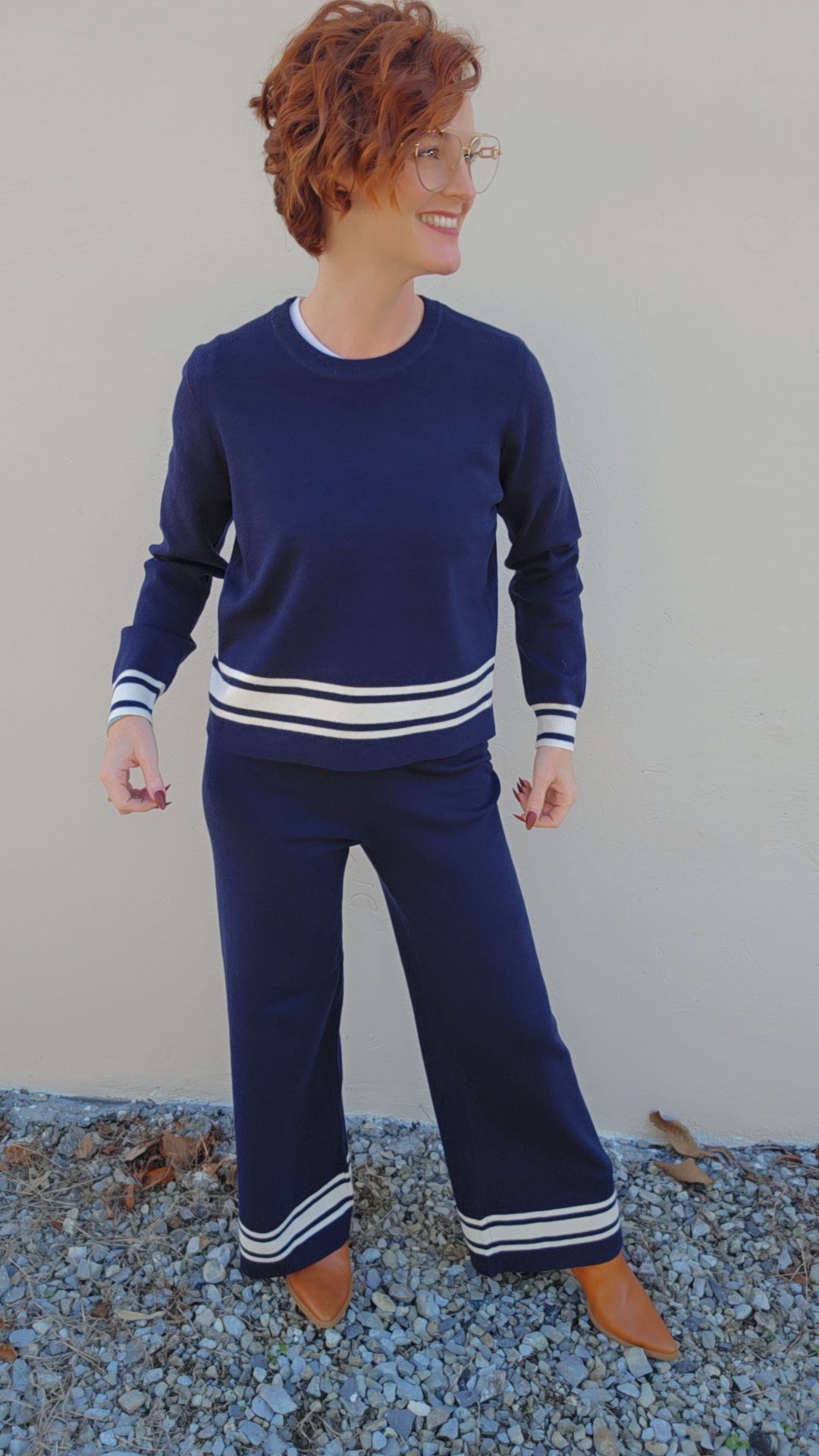 Navy Long Sleeve Crew Neck with Stripe Hem
