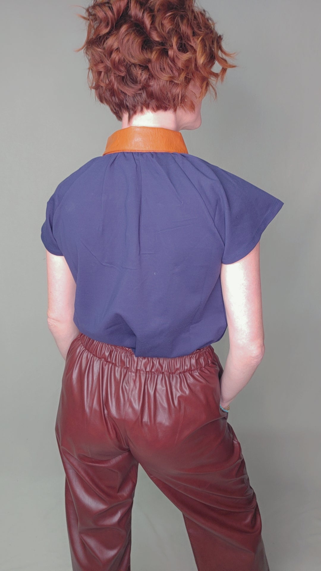 Contrast Collar Faux Leather Top