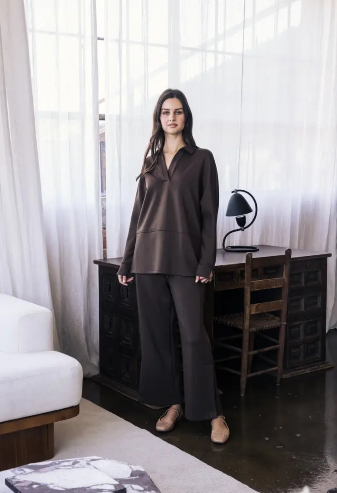 Chocolate Brown Relaxed Collared Tunic