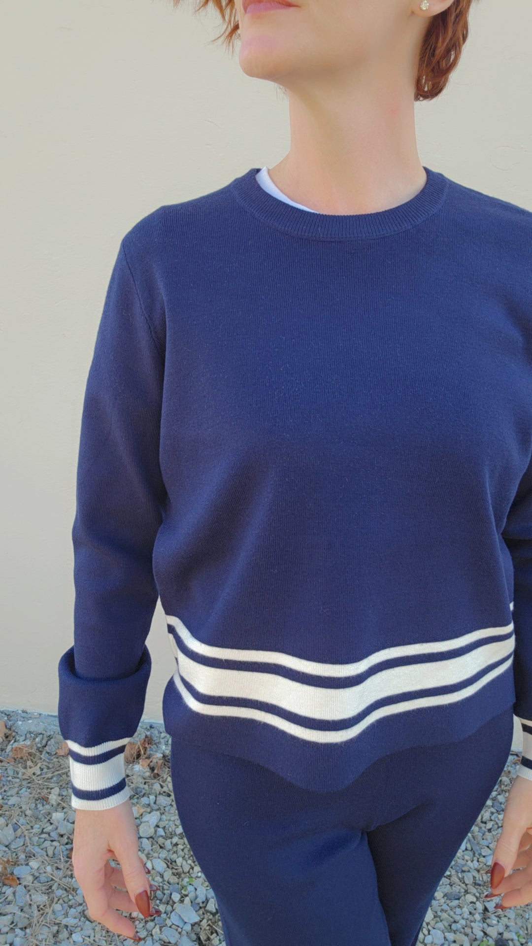 Navy Long Sleeve Crew Neck with Stripe Hem