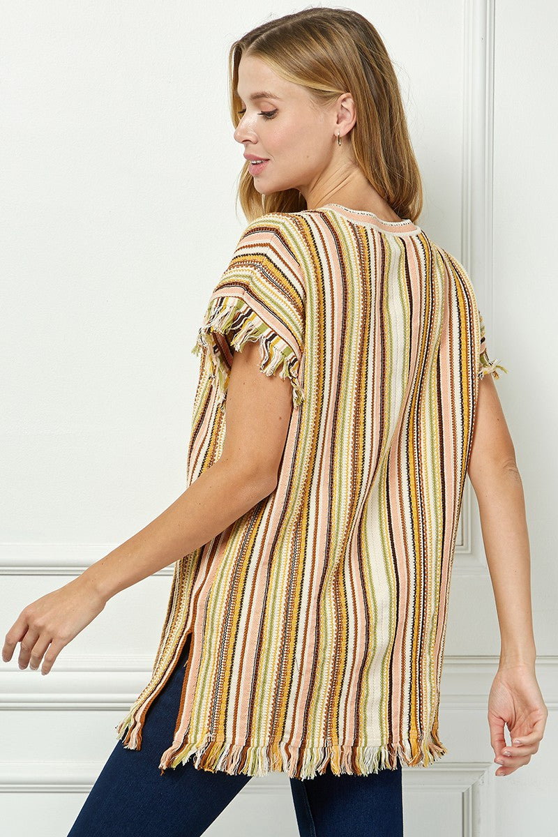 Striped Fringe Tunic With V Neck