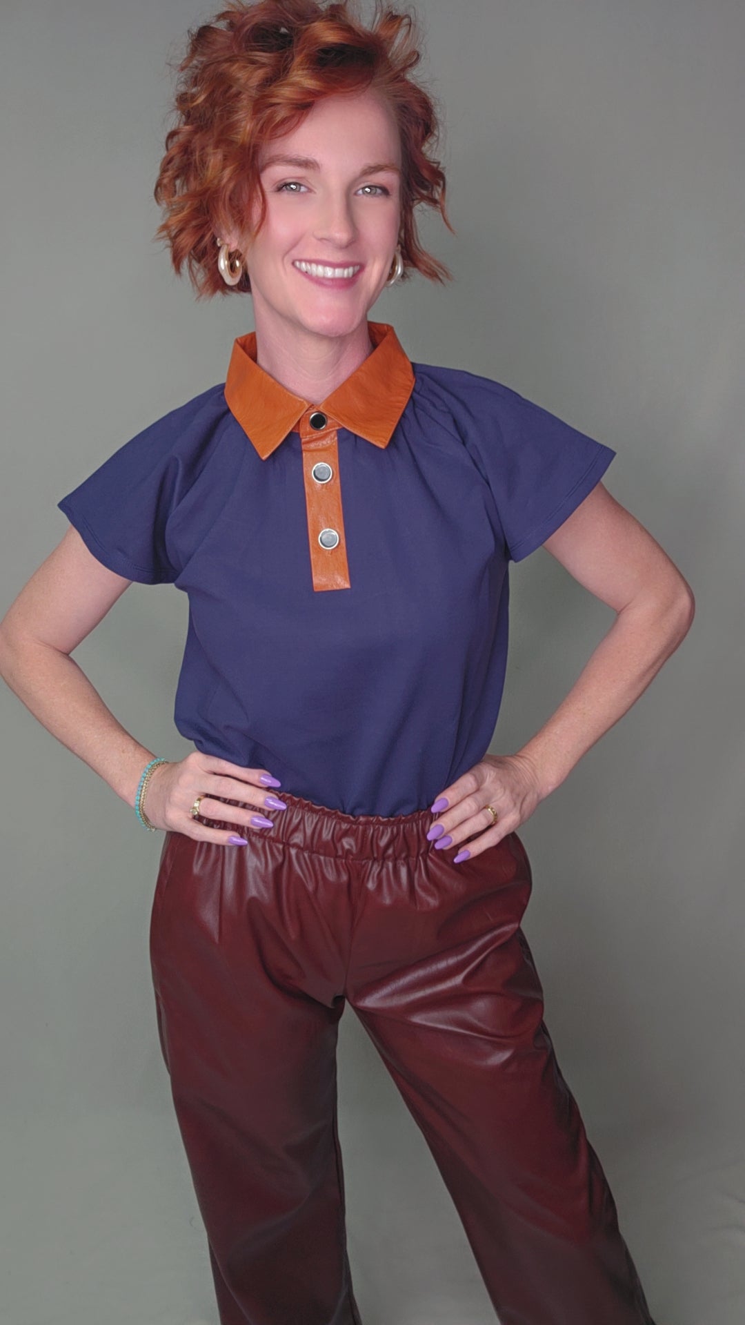 Contrast Collar Faux Leather Top