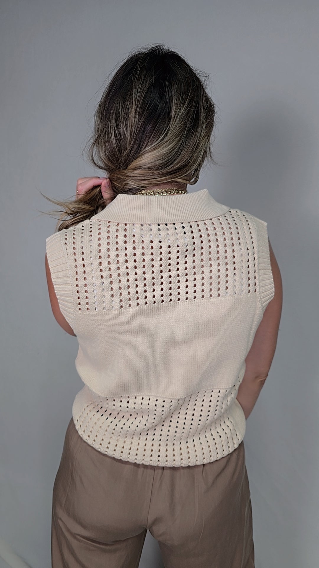 Collared Sleeveless Pointelle Knit Top