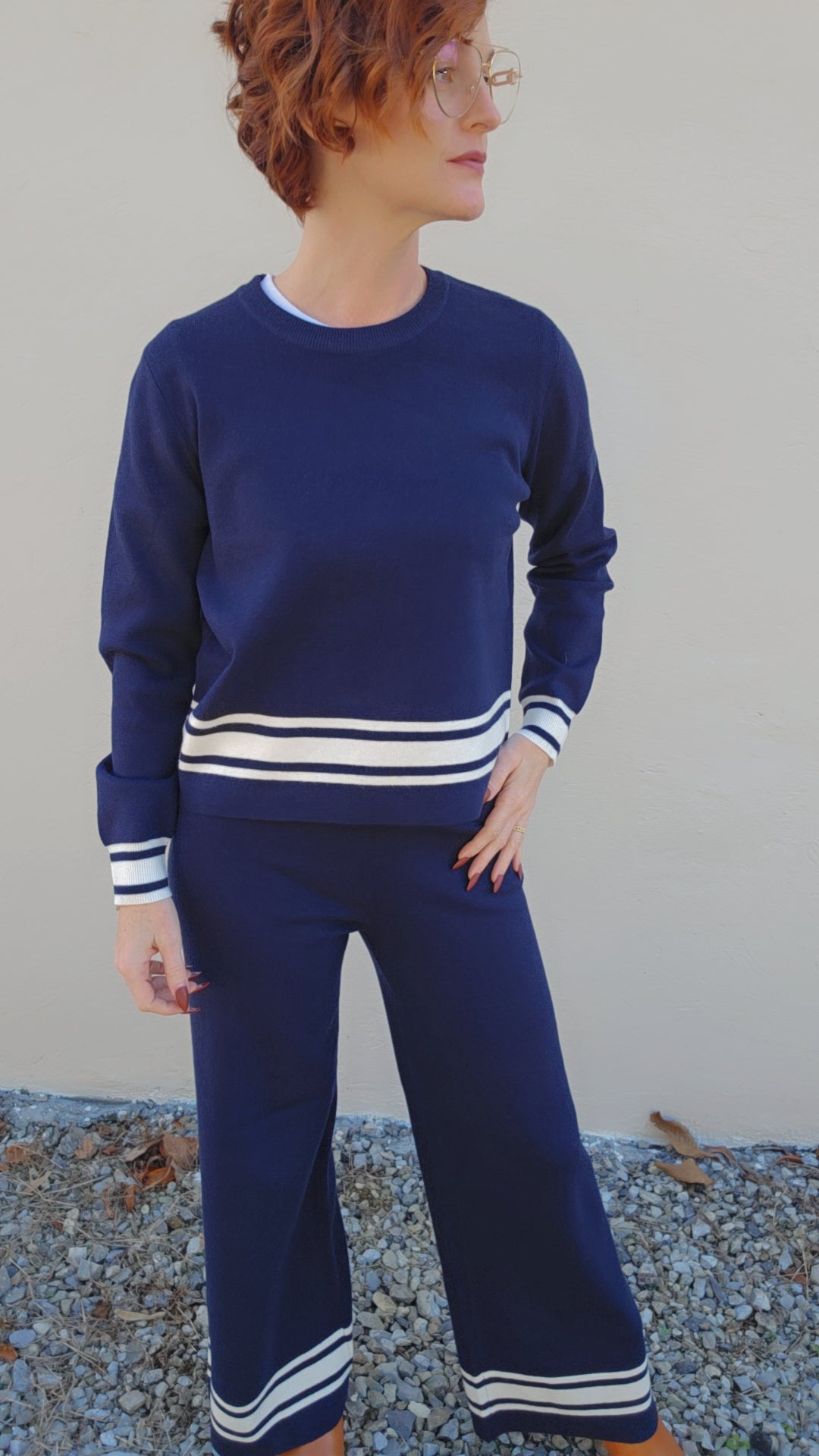 Navy Long Sleeve Crew Neck with Stripe Hem