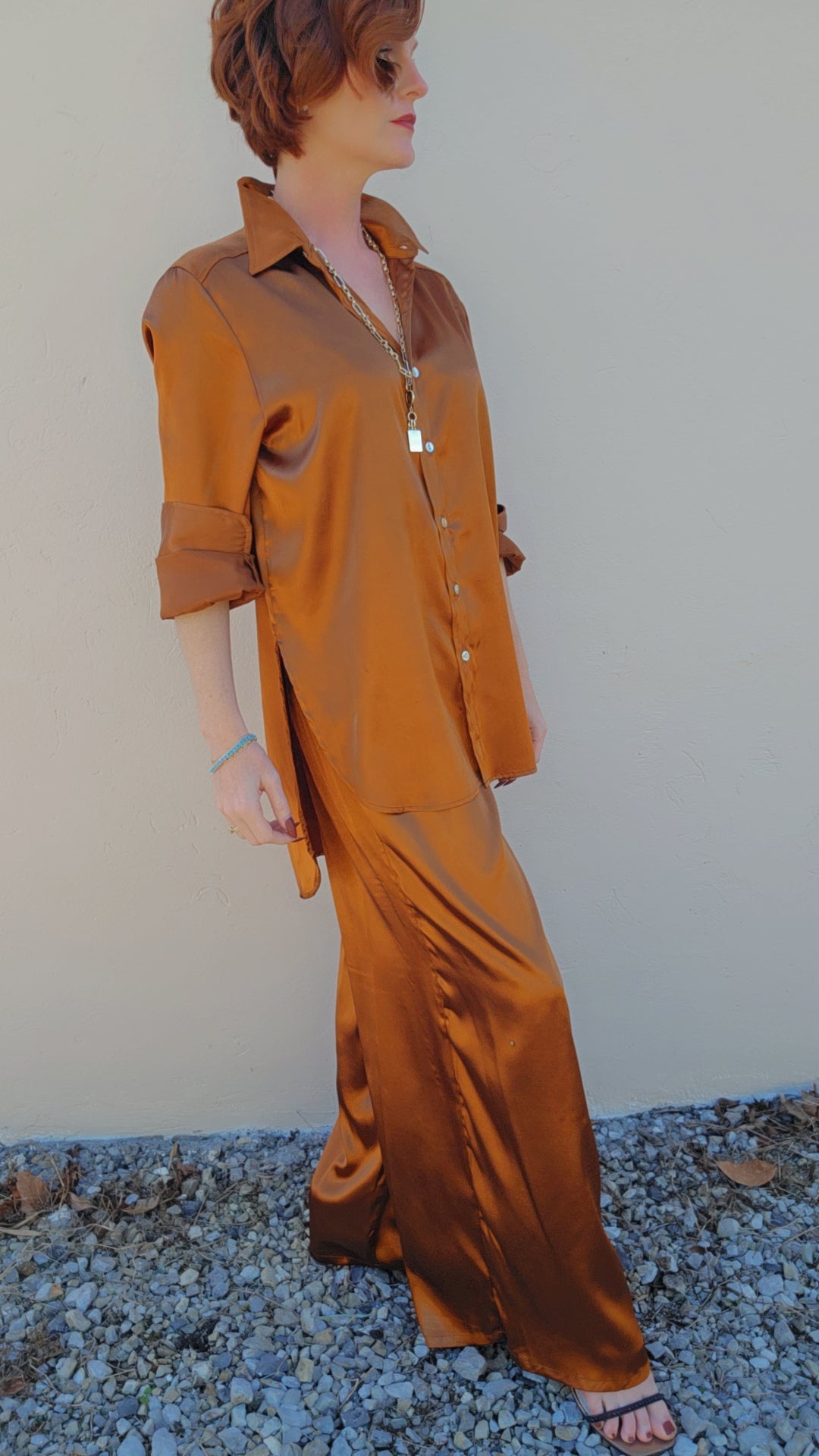 Copper High Low Button Down Blouse