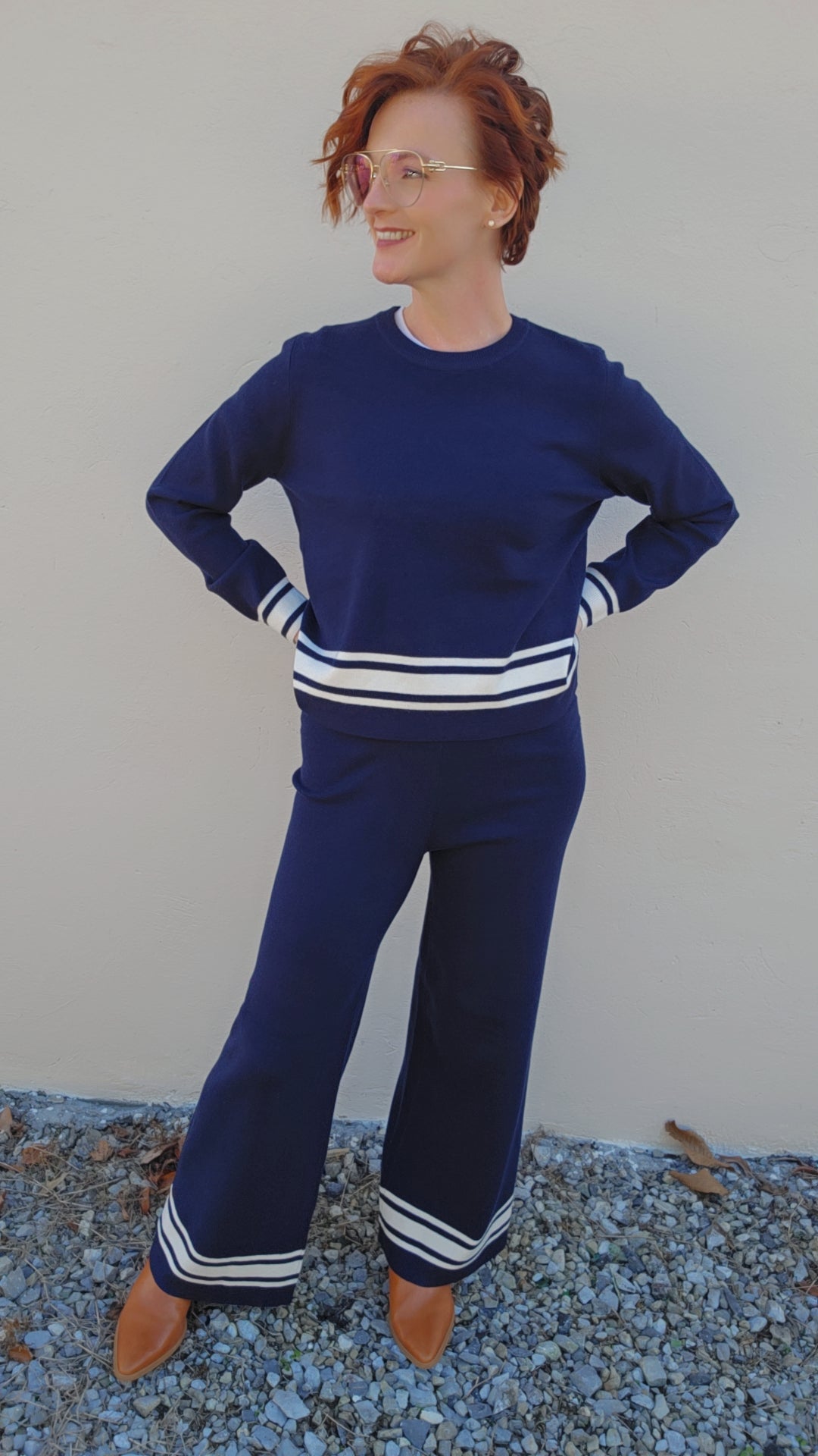 Navy Long Sleeve Crew Neck with Stripe Hem