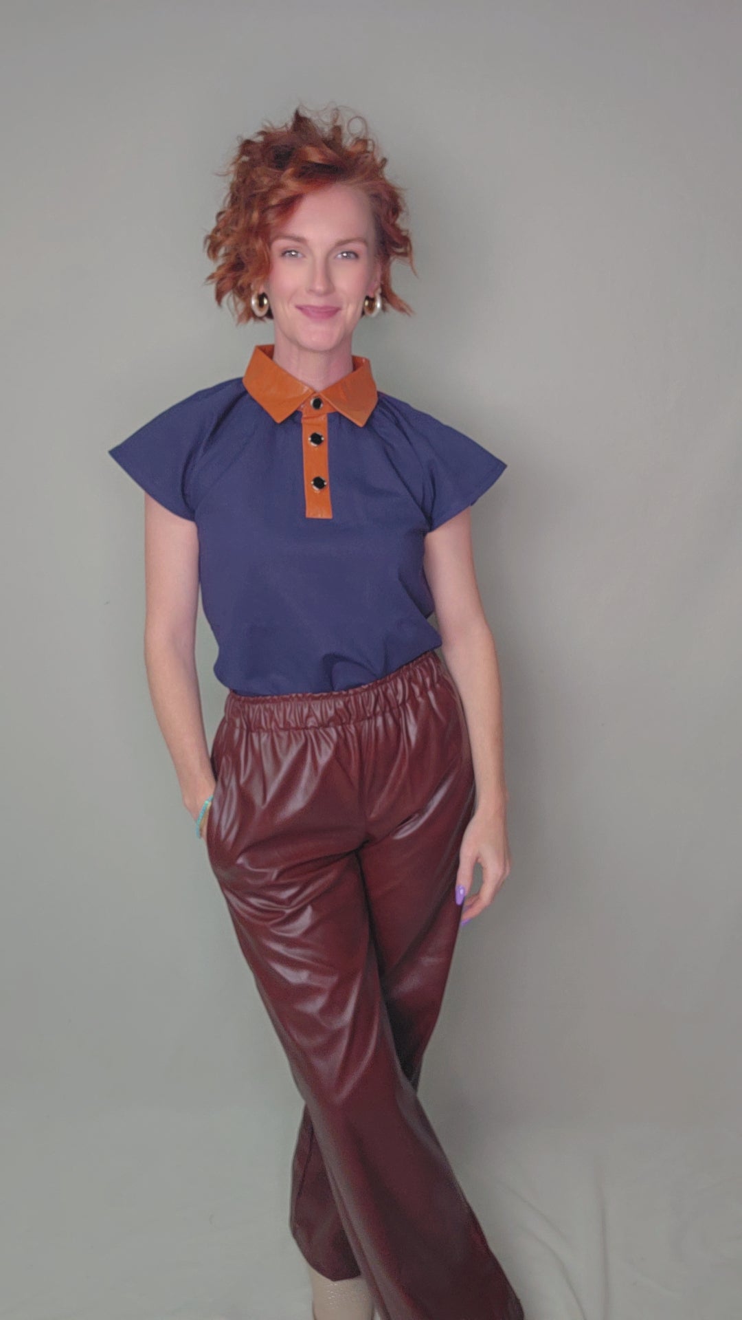 Contrast Collar Faux Leather Top