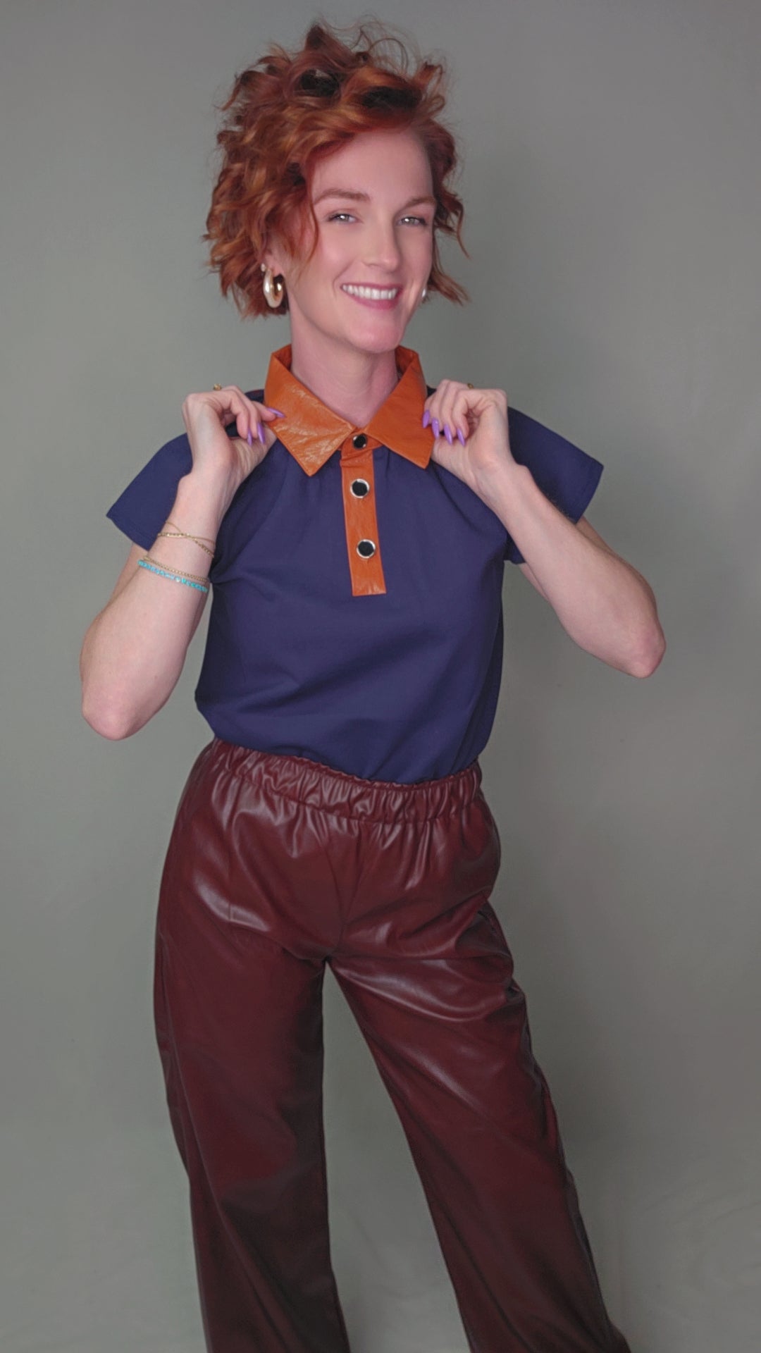 Contrast Collar Faux Leather Top
