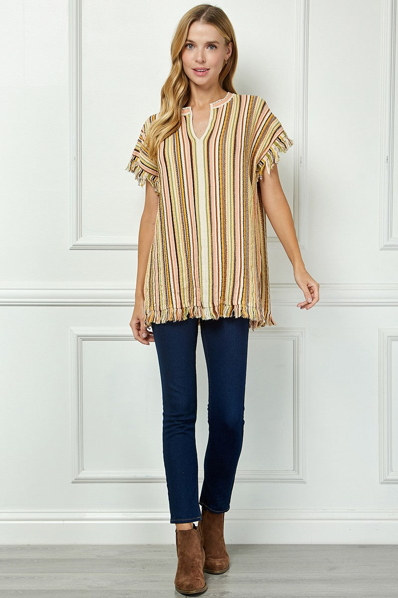 Striped Fringe Tunic With V Neck
