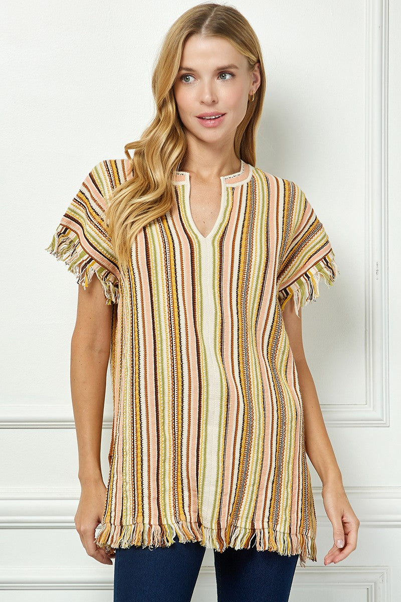 Striped Fringe Tunic With V Neck