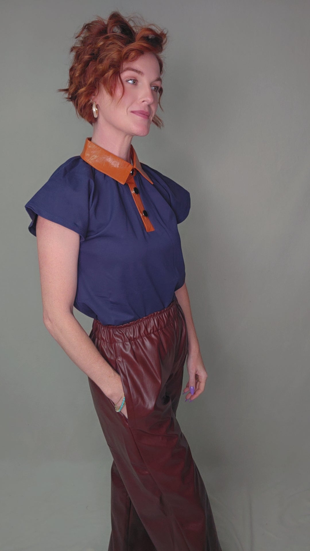 Contrast Collar Faux Leather Top