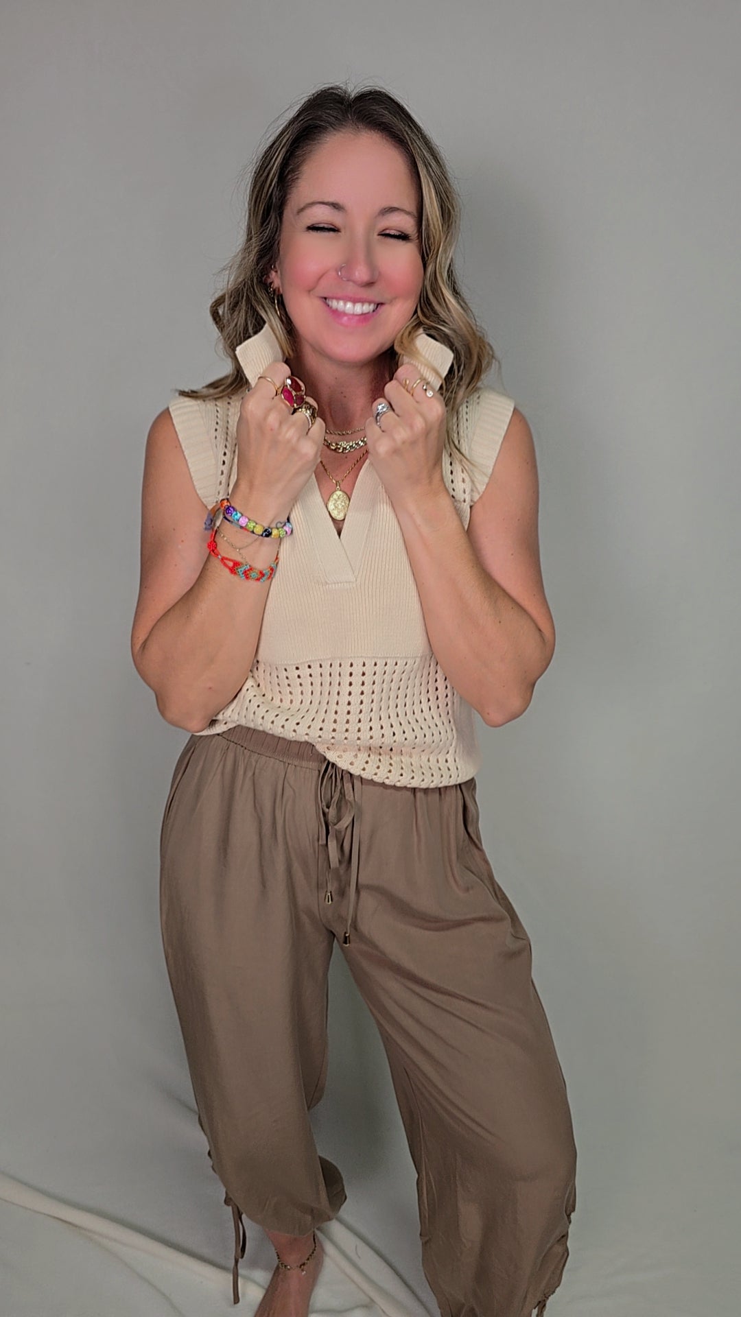 Collared Sleeveless Pointelle Knit Top