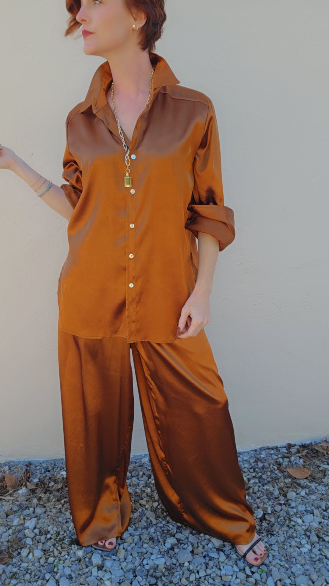 Copper High Low Button Down Blouse