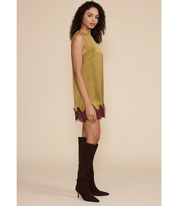 Roxy Satin Lace Hem Round Neck Sleeveless Mini Dress