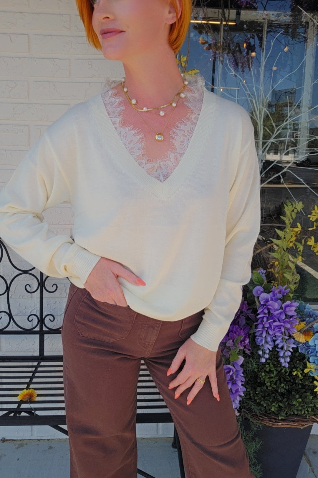Women's Lace Trim Knit Top