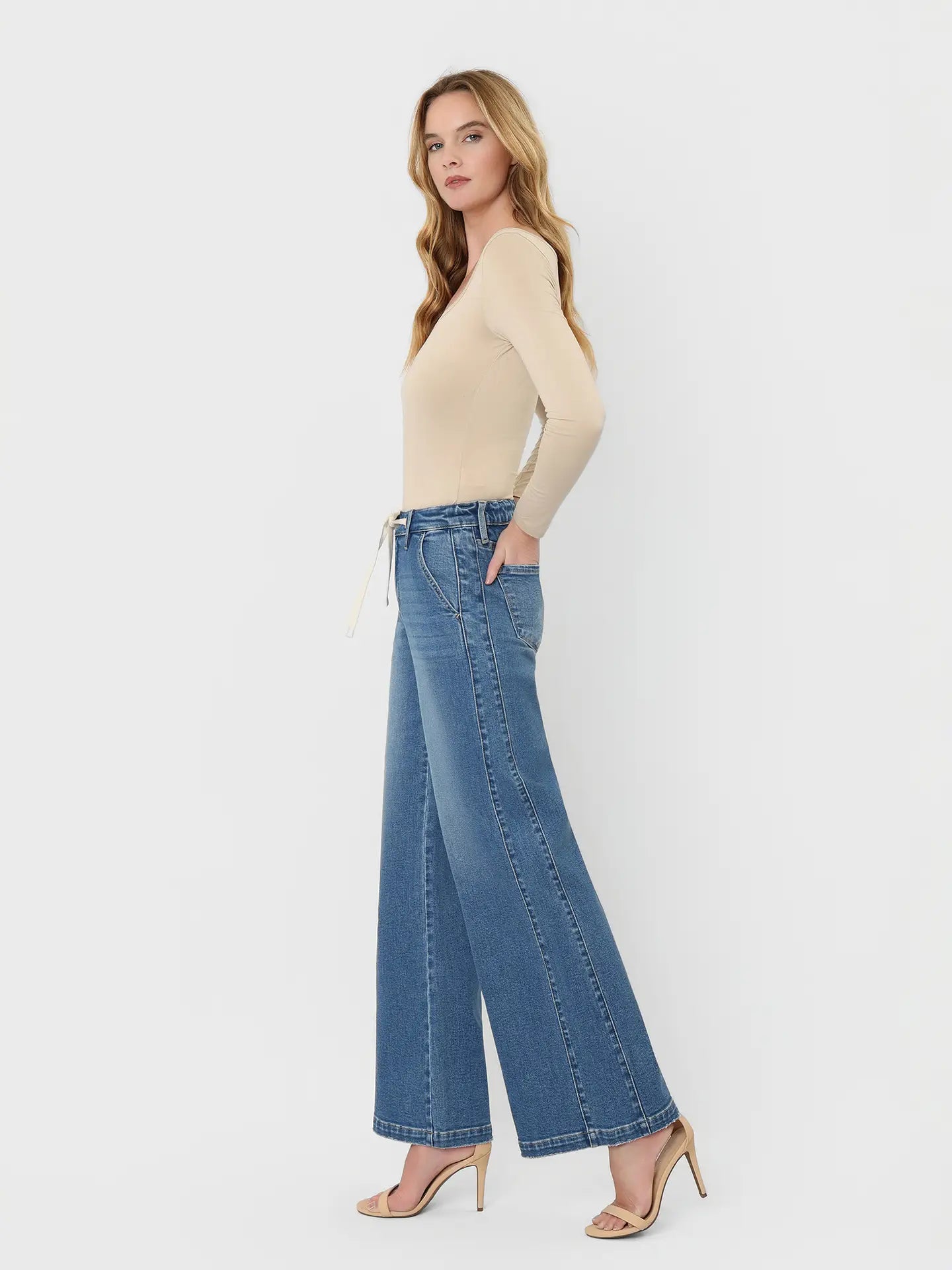 Vervet |High Rise Waist Tie Twist Wide Jeans