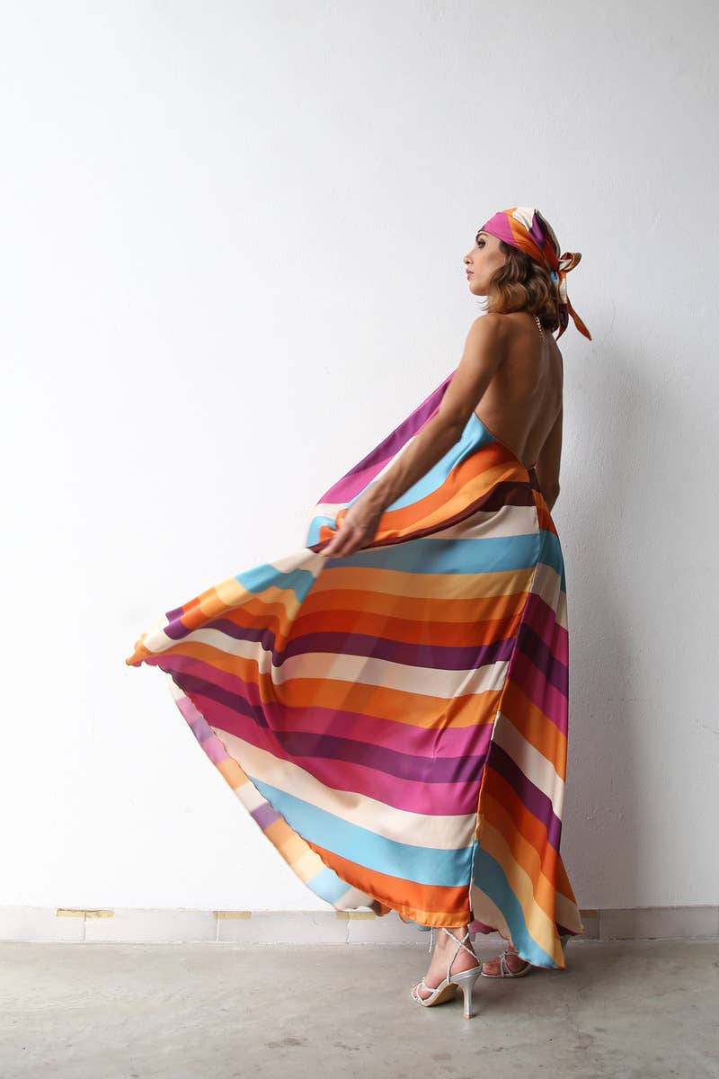 LONG DRESS WITH MULTICOLOR STRIPED CHAIN