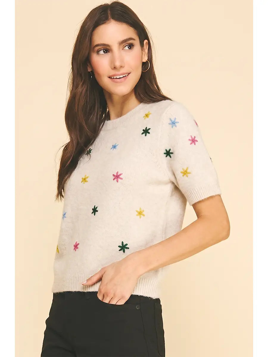 Floral Embroidered Short Sleeve Sweater