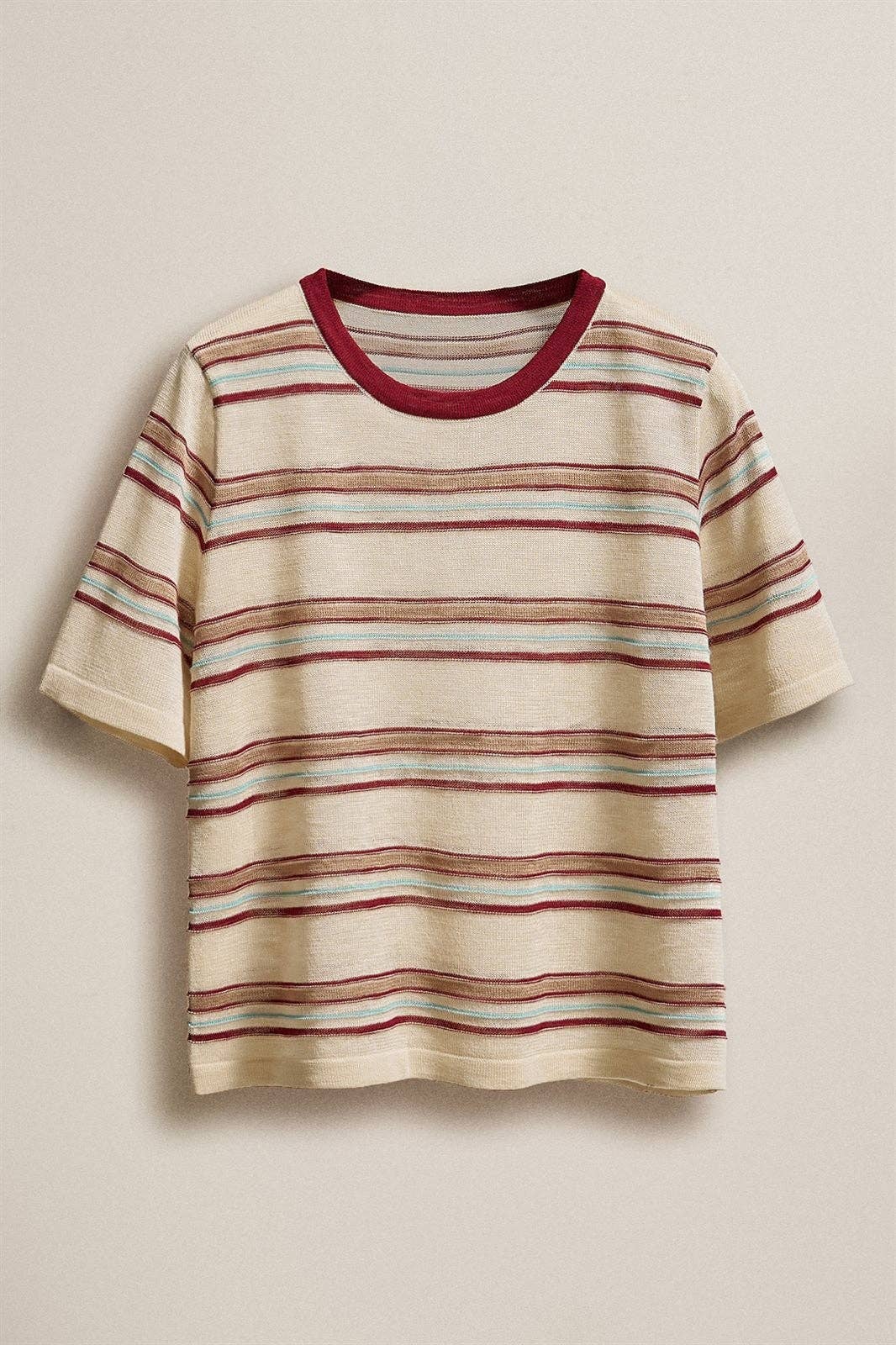 Striped Knit Ringer Tee With Crew Neck