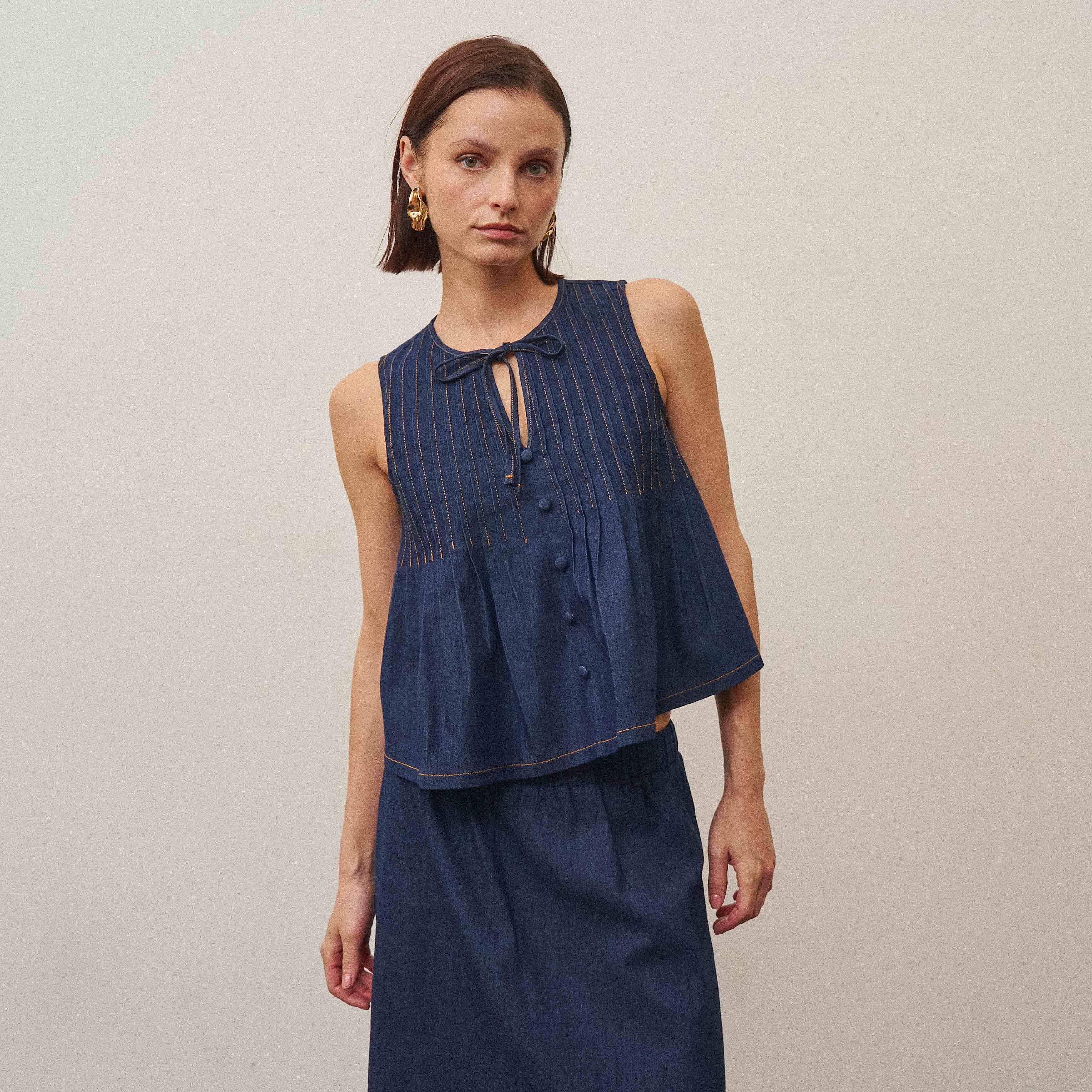 Denim Sleeveless Pleated Top