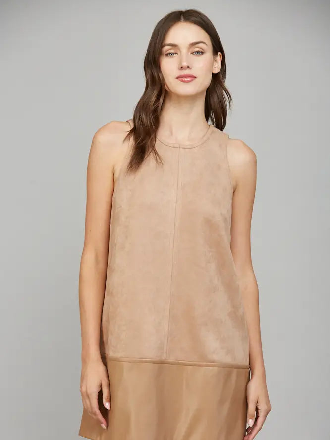 Faux Leather Hem Suede Shift Dress