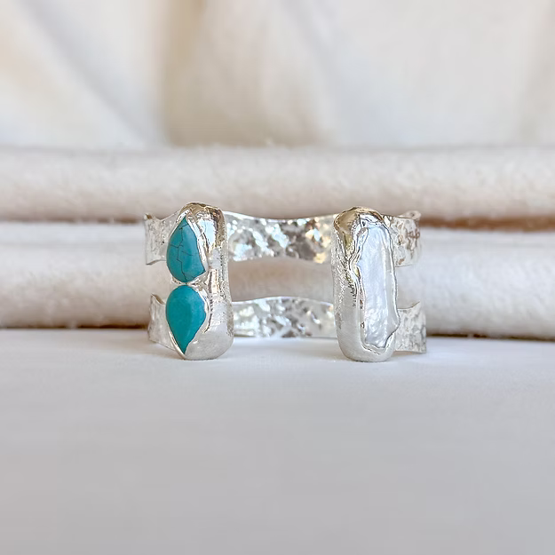 turquoise and silver with pearl double cuff womens bracelet