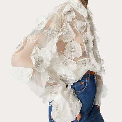 Organza Shirt 3D Floral Sequin Detail