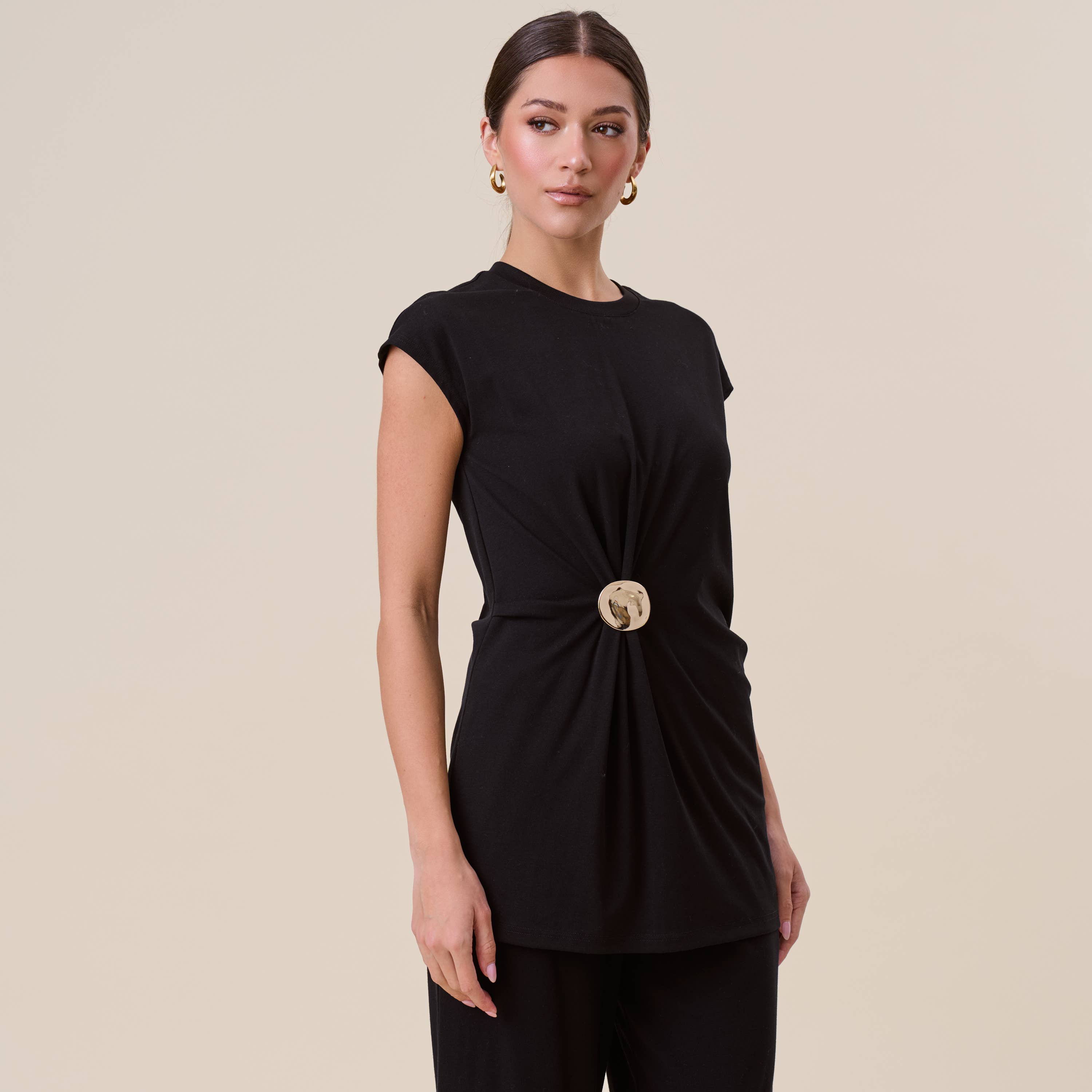 Ruched Sleeveless Top with Gold Accent