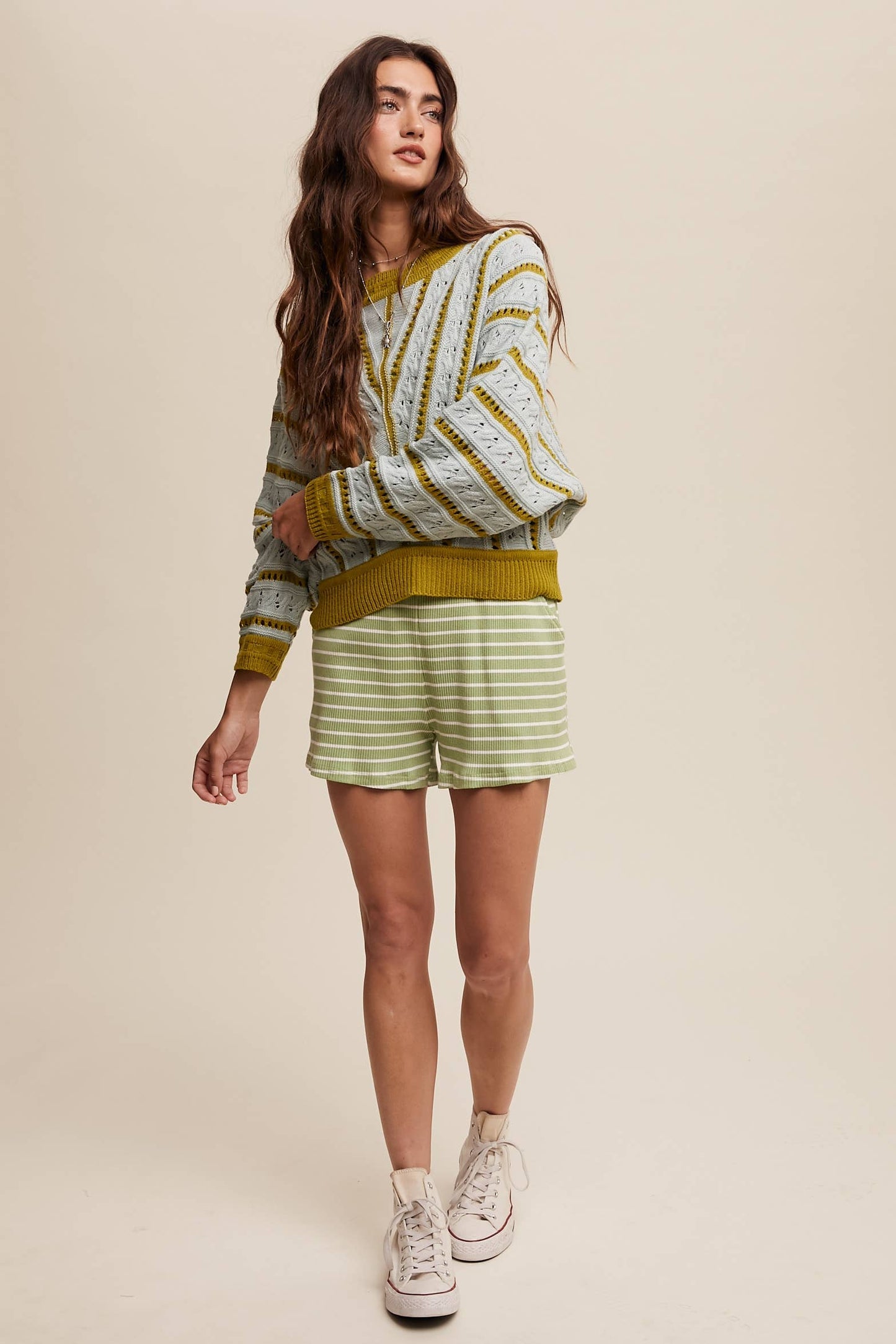 V- Striped Pointelle Light Weight Knit Sweater