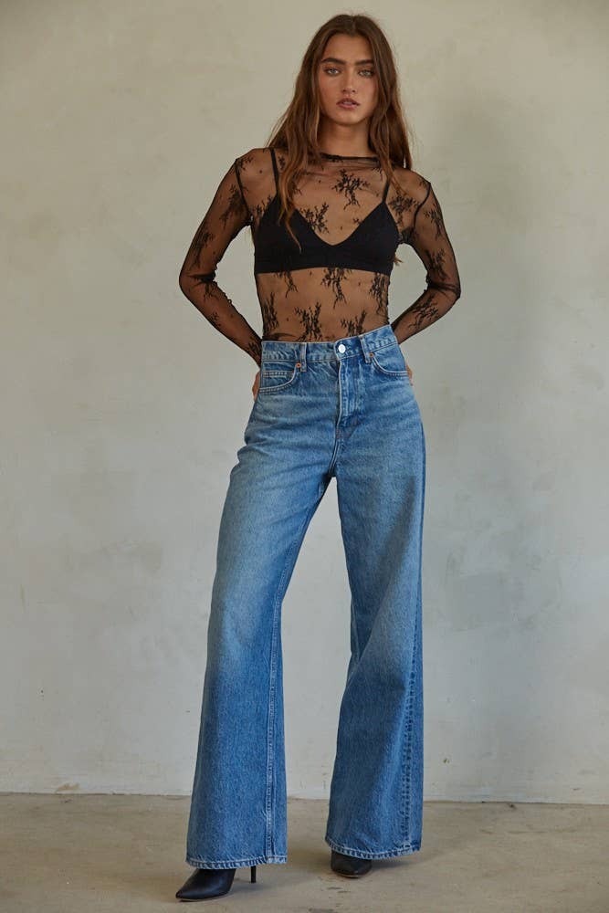 Knit Jacquard Lace Mock Neck Top
