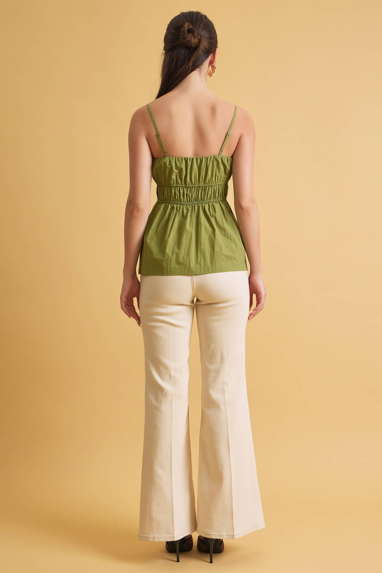 RUCHED CAMI TOP W SOMKED WAIST AND PEPLUM HEM