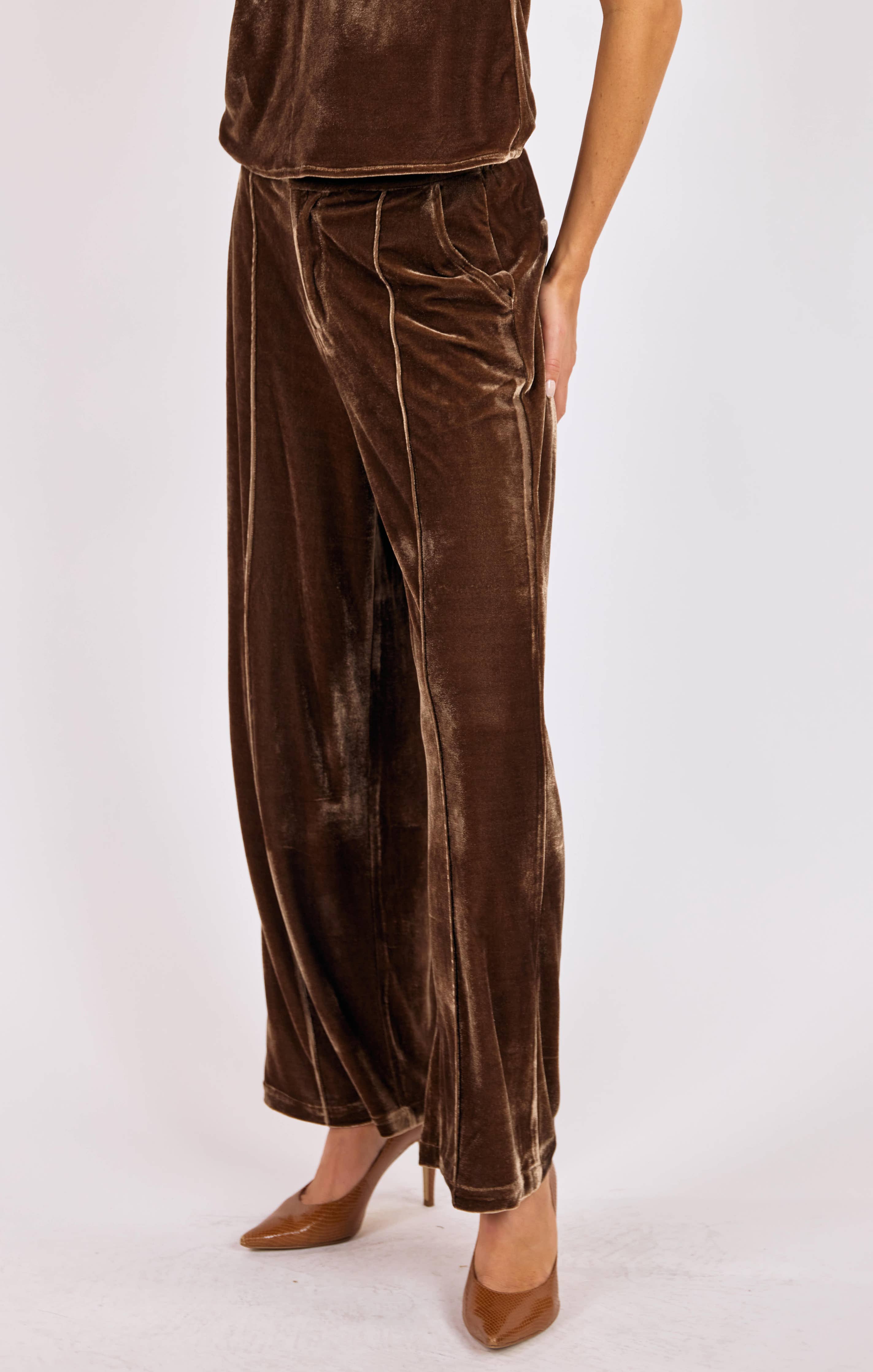 Twilight Spell Stretch Velvet Pin Tuck Trousers : MOCHA