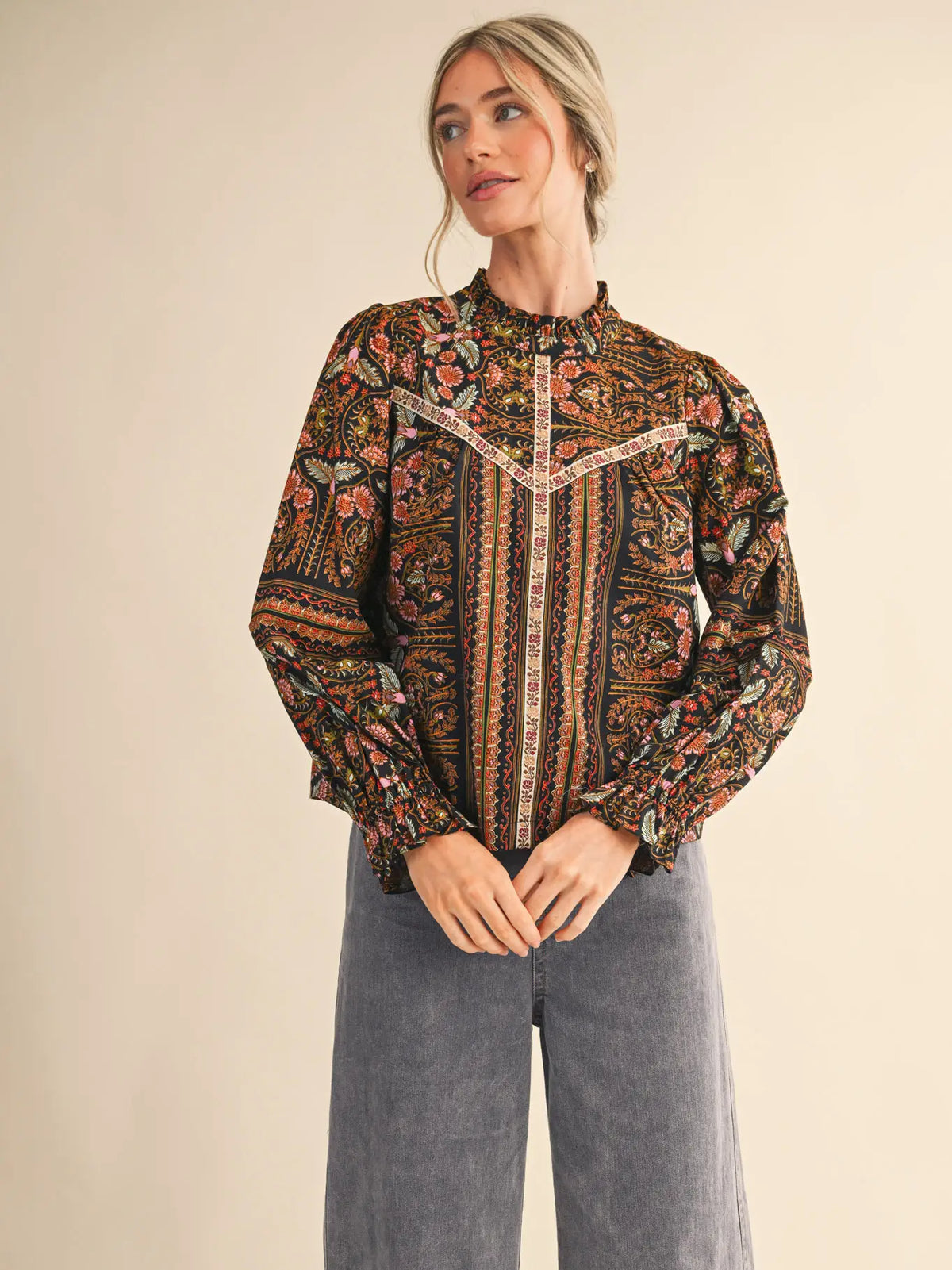Floral Print Top with Floral Trim