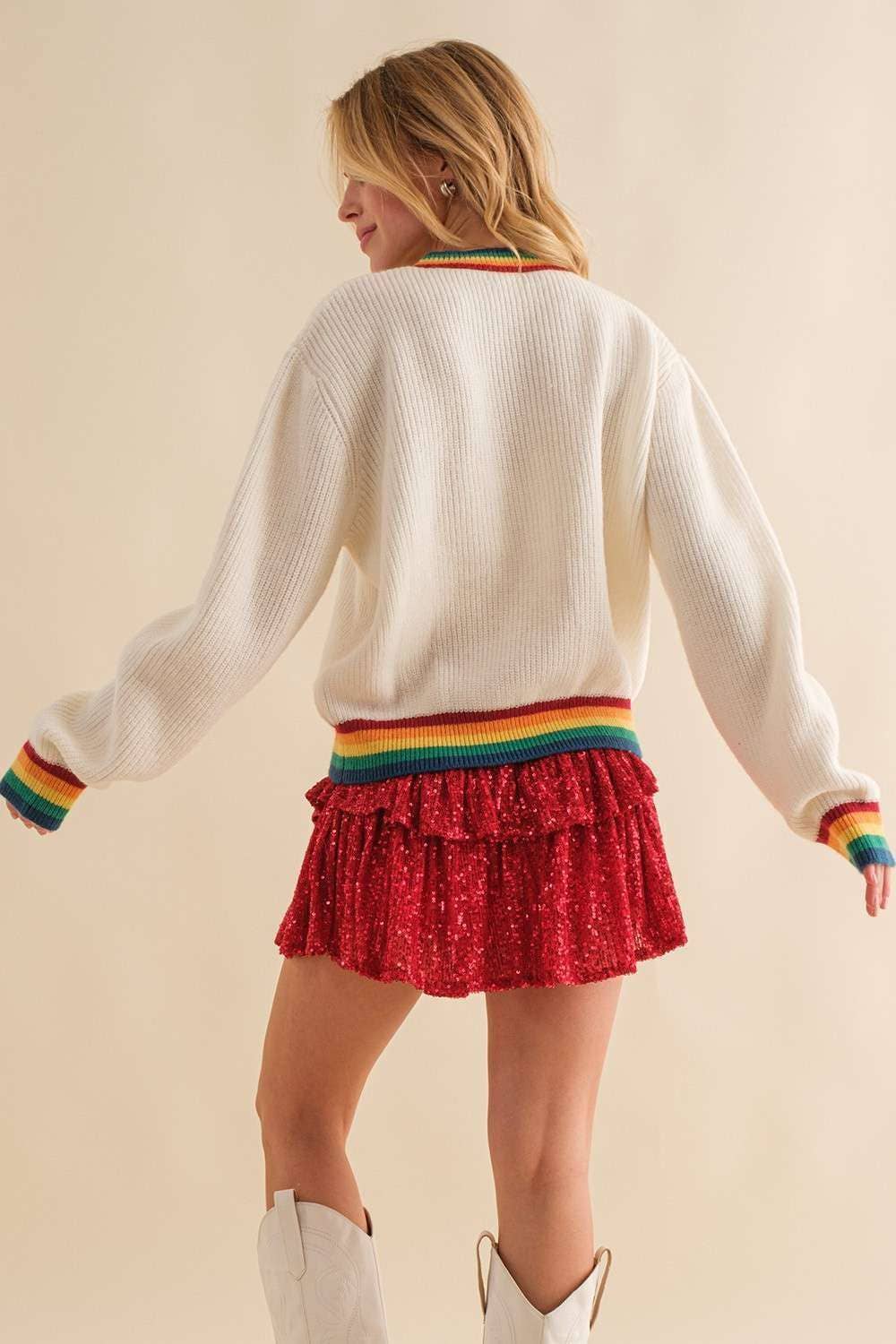 Tequila Queen Sparkle letter Rainbow rib Sweater